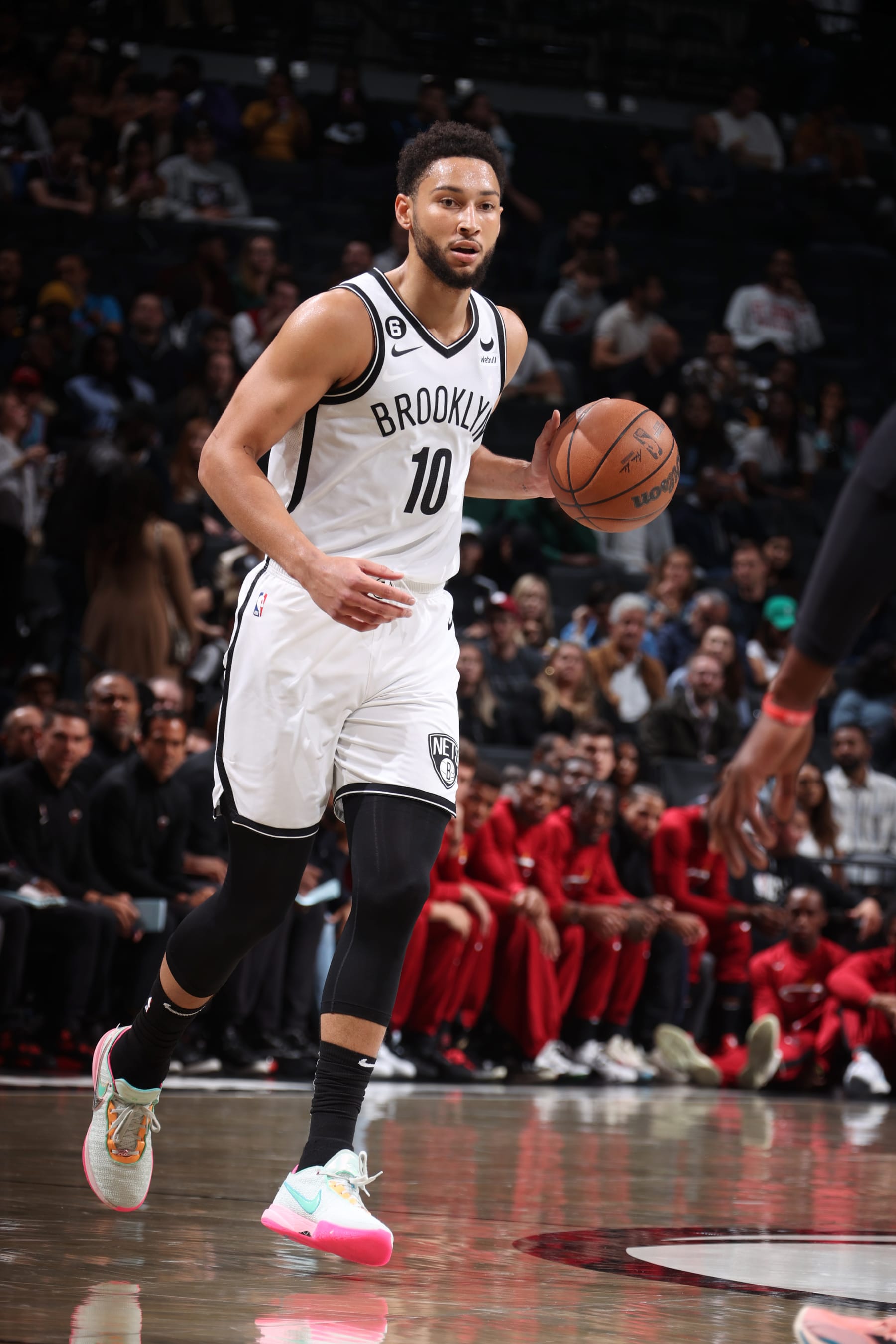BROOKLYN, NY - OCTOBER 6: Ben Simmons #10 of the Brooklyn Nets handles the ball during the game against the Miami Heat on October 6, 2022 at Barclays Center in Brooklyn, New York. NOTE TO USER: User expressly acknowledges and agrees that, by downloading and or using this Photograph, user is consenting to the terms and conditions of the Getty Images License Agreement. Mandatory Copyright Notice: Copyright 2022 NBAE (Photo by Nathaniel S. Butler/NBAE via Getty Images)