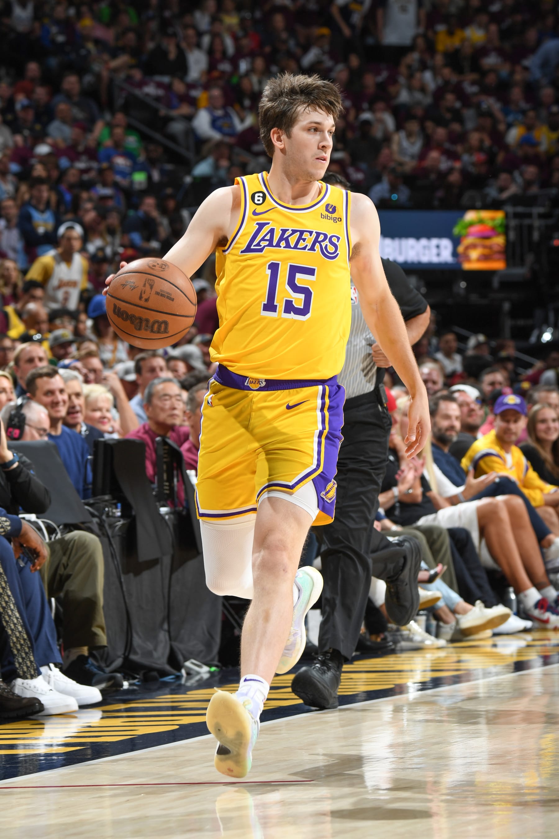 DENVER, CO - MAY 16: Austin Reaves #15 of the Los Angeles Lakers goes to the basket during the game during round 3 game 1 of the 2023 NBA Playoffs Western Conference Finals on May 16, 2023 at the Ball Arena in Denver, Colorado. NOTE TO USER: User expressly acknowledges and agrees that, by downloading and/or using this Photograph, user is consenting to the terms and conditions of the Getty Images License Agreement. Mandatory Copyright Notice: Copyright 2023 NBAE (Photo by Andrew D. Bernstein/NBAE via Getty Images)