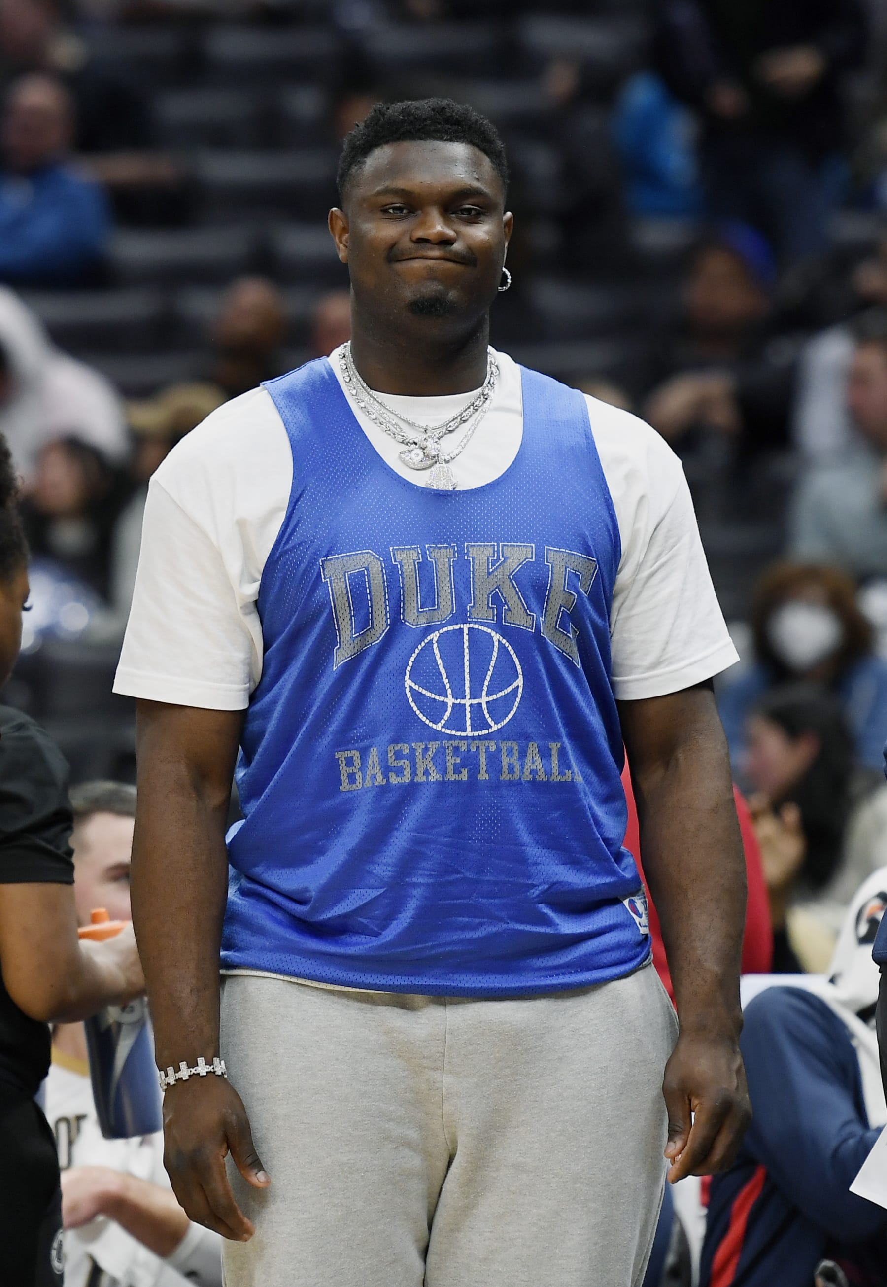 LOS ANGELES, CA - MARCH 25: Injured Zion Williamson #1 of the New Orleans Pelicans in street clothes during a timeout in the second half against Los Angeles Clippers at Crypto.com Arena on March 25, 2023 in Los Angeles, California. NOTE TO USER: User expressly acknowledges and agrees that, by downloading and or using this photograph, User is consenting to the terms and conditions of the Getty Images License Agreement. (Photo by Kevork Djansezian/Getty Images)