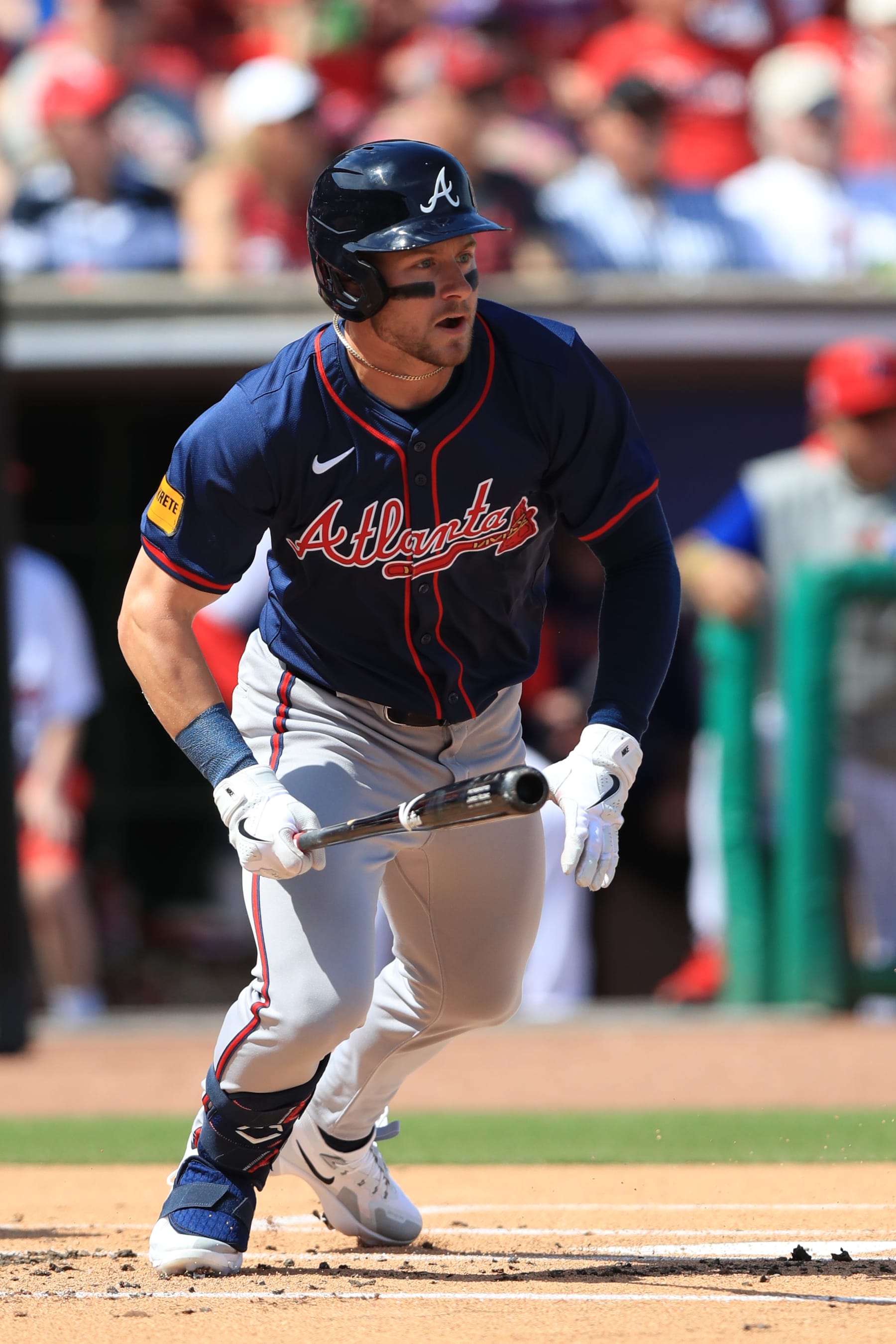 CLEARWATER, FL - FEBRUARY 28: Atlanta Braves outfielder Jarred Kelenic (24) at bat during the spring training game between the Atlanta Braves and the Philadelphia Phillies on February 28, 2024 at BayCare Ballpark in Clearwater, Florida. (Photo by Cliff Welch/Icon Sportswire via Getty Images)