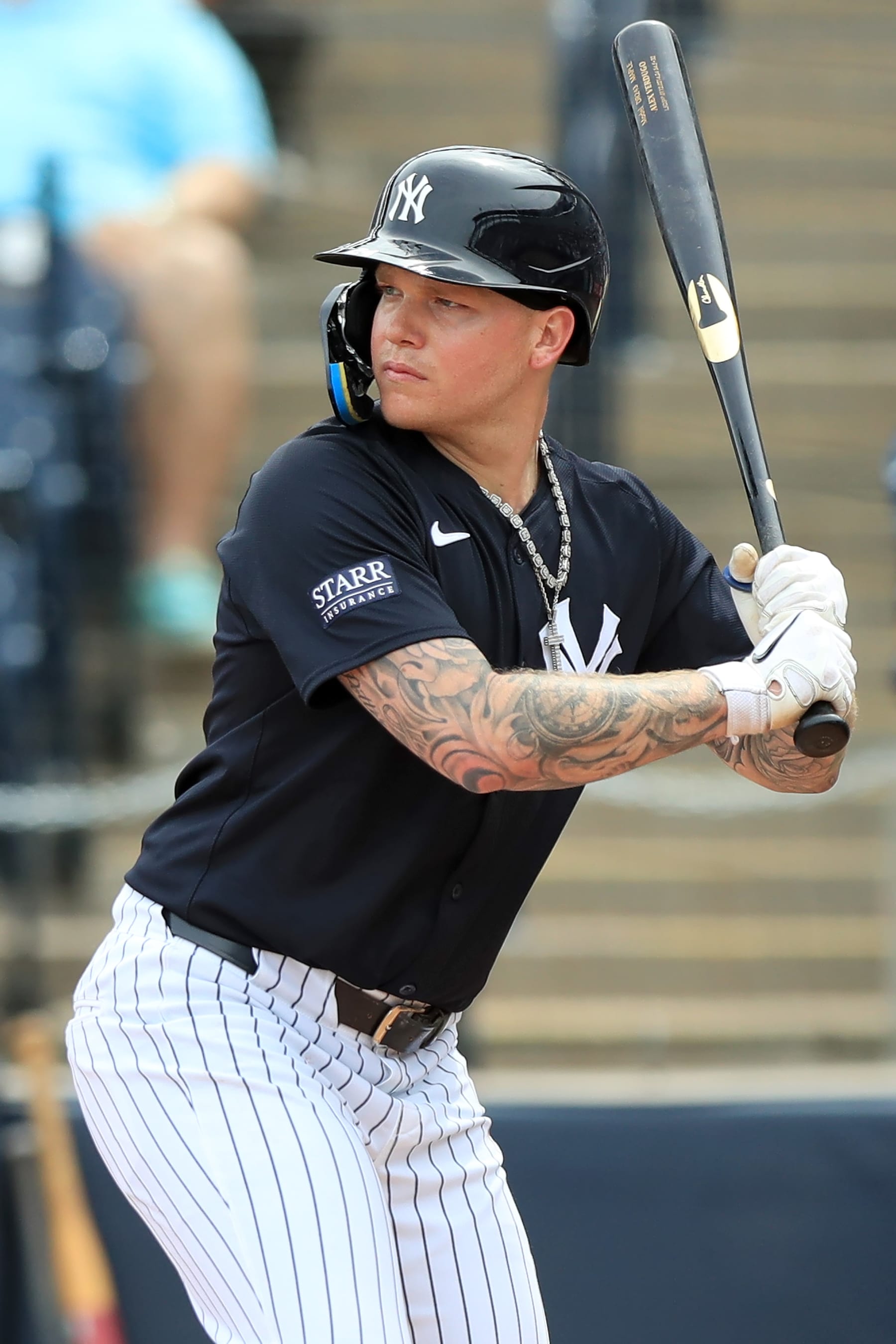 TAMPA, FL - MARCH 06: New York Yankees outfielder Alex Verdugo (24) at bat during the spring training game between the Tampa Bay Rays and New York Yankees on MARCH 06, 2024 at George M. Steinbrenner Field in Tampa, FL. (Photo by Cliff Welch/Icon Sportswire via Getty Images)