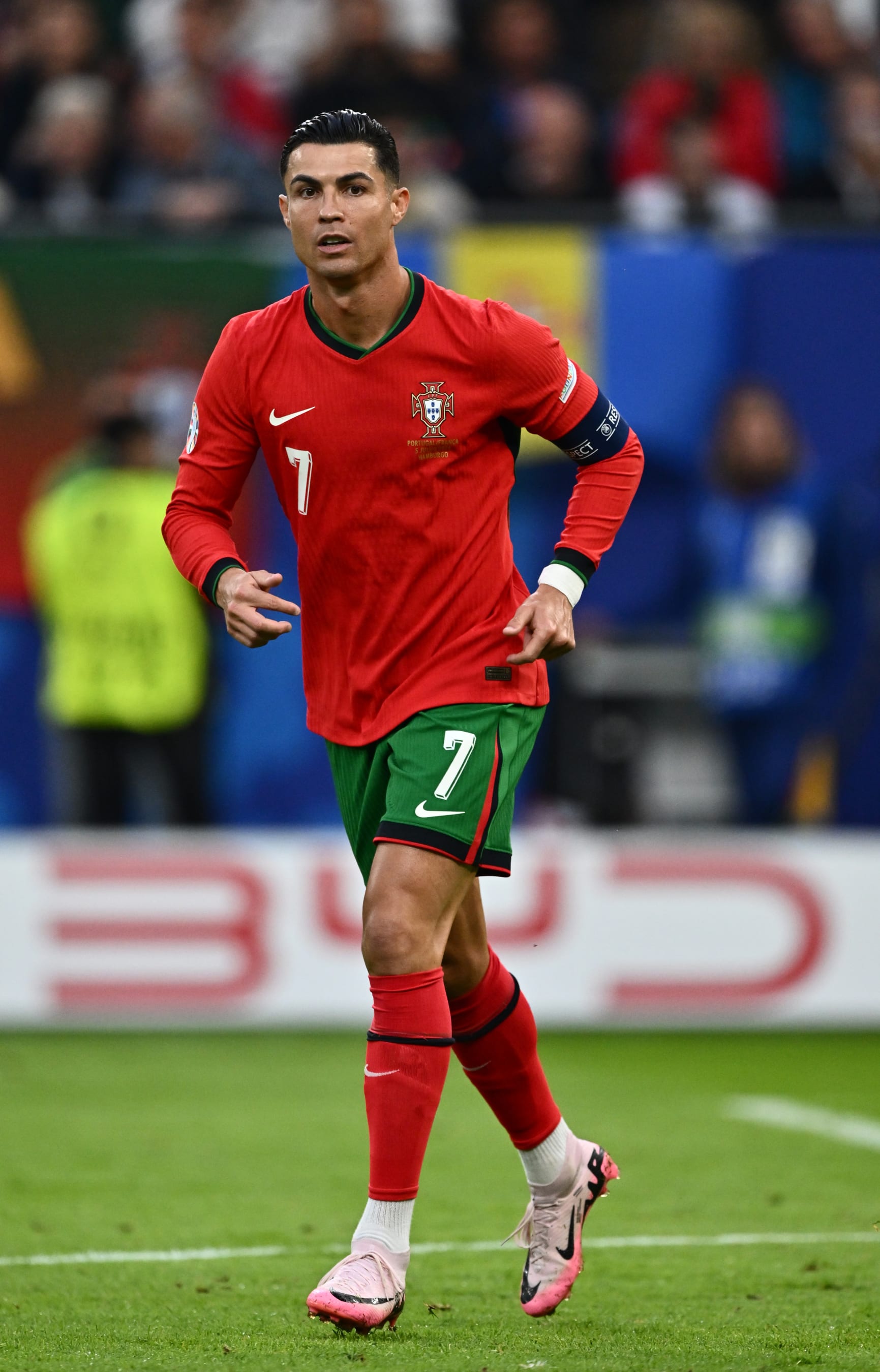 HAMBURG, GERMANY - JULY 05: Cristiano Ronaldo of Portugal during the UEFA EURO 2024 quarter-final match between Portugal and France at Volksparkstadion on July 5, 2024 in Hamburg, Germany. (Photo by Sebastian Frej/MB Media/Getty Images)