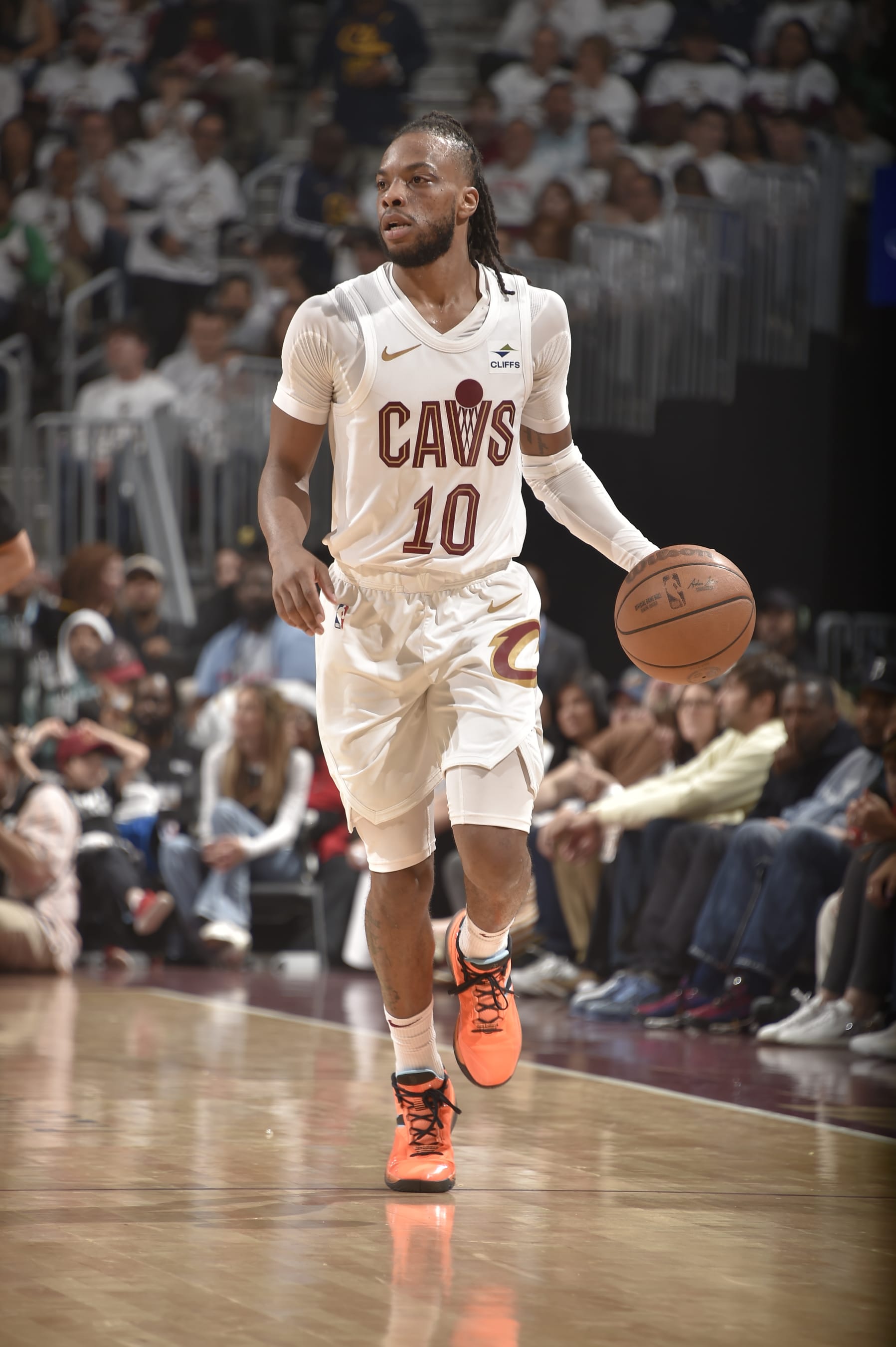 CLEVELAND, OH - MAY 11: Darius Garland #10 of the Cleveland Cavaliers dribbles the ball during the game against the Boston Celtics during Round 2 Game 3 of the 2024 NBA Playoffs on May 11, 2024 at Rocket Mortgage FieldHouse in Cleveland, Ohio. NOTE TO USER: User expressly acknowledges and agrees that, by downloading and/or using this Photograph, user is consenting to the terms and conditions of the Getty Images License Agreement. Mandatory Copyright Notice: Copyright 2024 NBAE (Photo by David Liam Kyle/NBAE via Getty Images)
