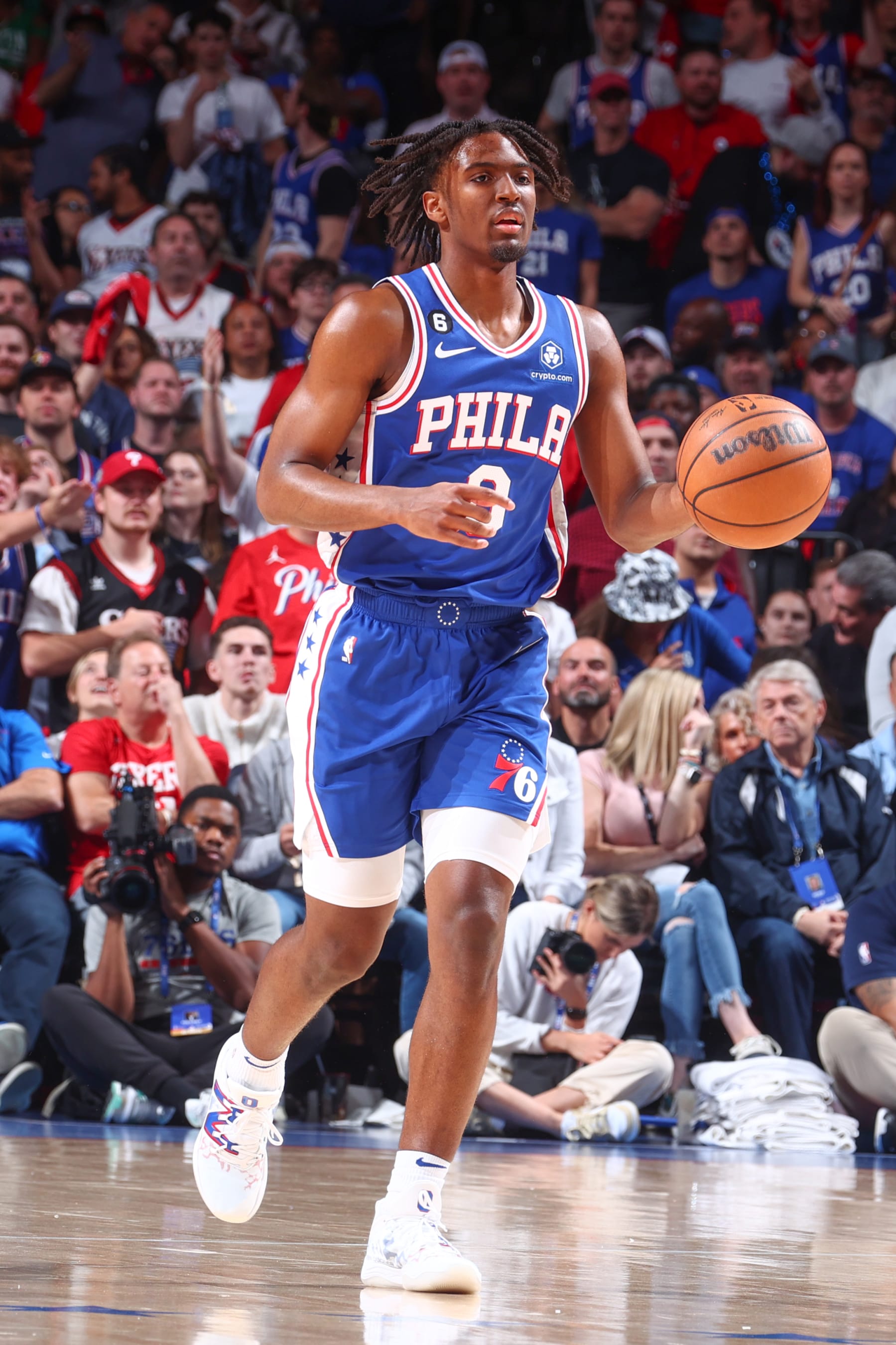 PHILADELPHIA, PA - MAY 11:  Tyrese Maxey #0 of the Philadelphia 76ers goes to the basket during the game during round two game six of the 2023 NBA Playoffs on on May 11, 2023 at the Wells Fargo Center in Philadelphia, Pennsylvania NOTE TO USER: User expressly acknowledges and agrees that, by downloading and/or using this Photograph, user is consenting to the terms and conditions of the Getty Images License Agreement. Mandatory Copyright Notice: Copyright 2023 NBAE (Photo by Nathaniel S. Butler/NBAE via Getty Images)