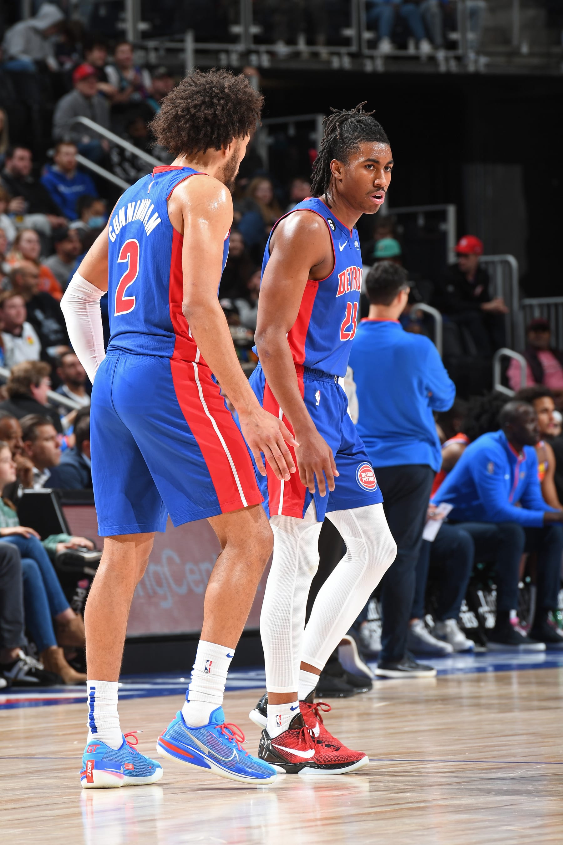 DETROIT, MI - NOVEMBER 7: Cade Cunningham #2 and Jaden Ivey #23 of the Detroit Pistons look on against the Oklahoma City Thunder on November 7, 2022 at Little Caesars Arena in Detroit, Michigan. NOTE TO USER: User expressly acknowledges and agrees that, by downloading and/or using this photograph, User is consenting to the terms and conditions of the Getty Images License Agreement. Mandatory Copyright Notice: Copyright 2022 NBAE (Photo by Chris Schwegler/NBAE via Getty Images)
