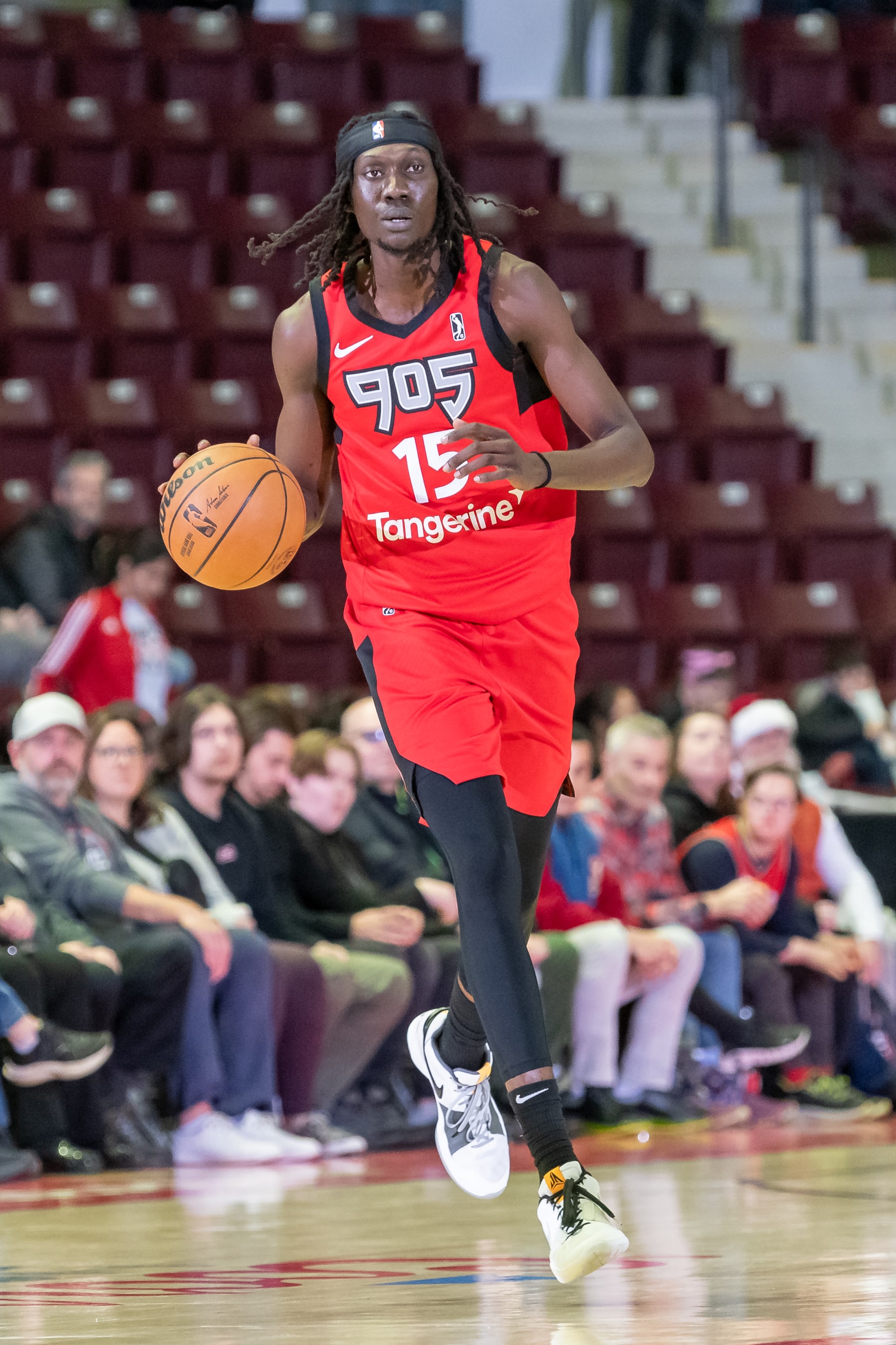 MISSISSAUGA, ON - NOVEMBER 27: Mouhamadou Gueye #15 of the Raptors 905 handles the ball during an NBA G League game against the Capital City Go-Go at the Paramount Fine Foods Centre on November 27th, 2023 in Mississauga, Ontario. NOTE TO USER: User expressly acknowledges and agrees that, by downloading and/or using this photograph, user is consenting to the terms and conditions of the Getty Images License Agreement. Mandatory Copyright Notice: Copyright 2023 NBAE (Photo by Christian Bonin/NBAE via Getty Images)