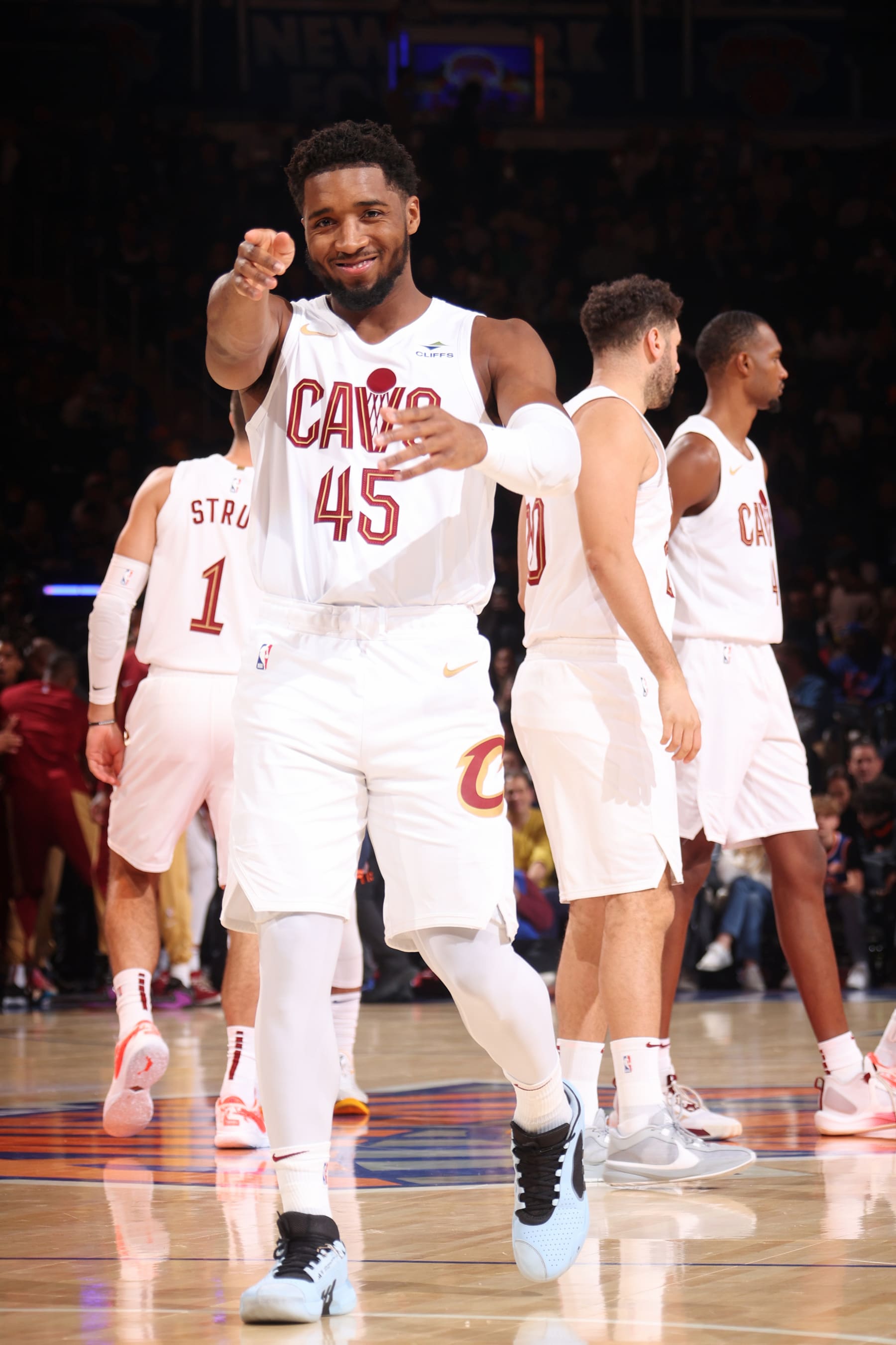 NEW YORK, NY - NOVEMBER 1: Donovan Mitchell #45 of the Cleveland Cavaliers celebrates during the game against the New York Knicks on November 1, 2023 at Madison Square Garden in New York City, New York.  NOTE TO USER: User expressly acknowledges and agrees that, by downloading and or using this photograph, User is consenting to the terms and conditions of the Getty Images License Agreement. Mandatory Copyright Notice: Copyright 2023 NBAE  (Photo by Nathaniel S. Butler/NBAE via Getty Images)