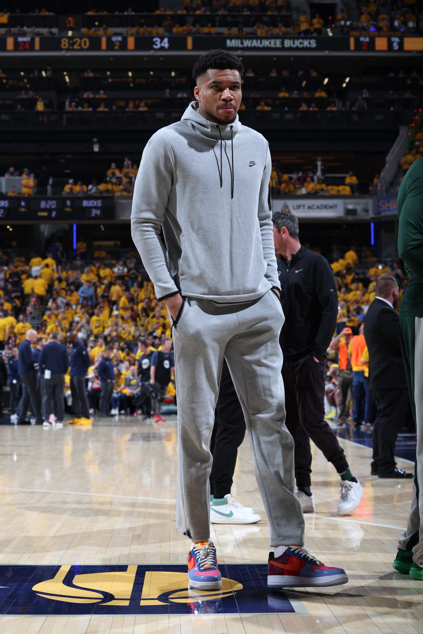 INDIANAPOLIS, IN - MAY 2: Giannis Antetokounmpo #34 of the Milwaukee Bucks looks on during the game against the Indiana Pacers during Round 1 Game 6 of the 2024 NBA Playoffs on May 2, 2024 at Gainbridge Fieldhouse in Indianapolis, Indiana. NOTE TO USER: User expressly acknowledges and agrees that, by downloading and or using this Photograph, user is consenting to the terms and conditions of the Getty Images License Agreement. Mandatory Copyright Notice: Copyright 2024 NBAE (Photo by Jeff Haynes/NBAE via Getty Images)