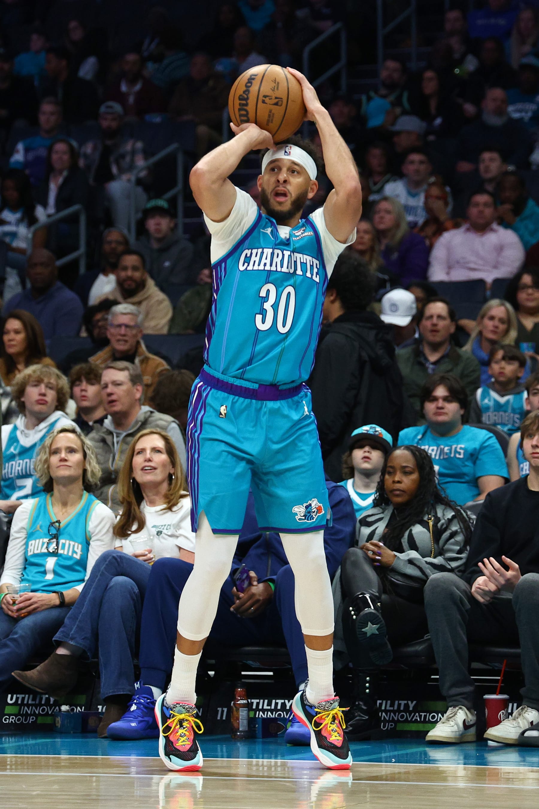 CHARLOTTE, NORTH CAROLINA - FEBRUARY 29: Seth Curry #30 of the Charlotte Hornets attempts a three point basket during the first half of the game against the Milwaukee Bucks at Spectrum Center on February 29, 2024 in Charlotte, North Carolina. NOTE TO USER: User expressly acknowledges and agrees that, by downloading and or using this photograph, User is consenting to the terms and conditions of the Getty Images License Agreement. (Photo by Jared C. Tilton/Getty Images)