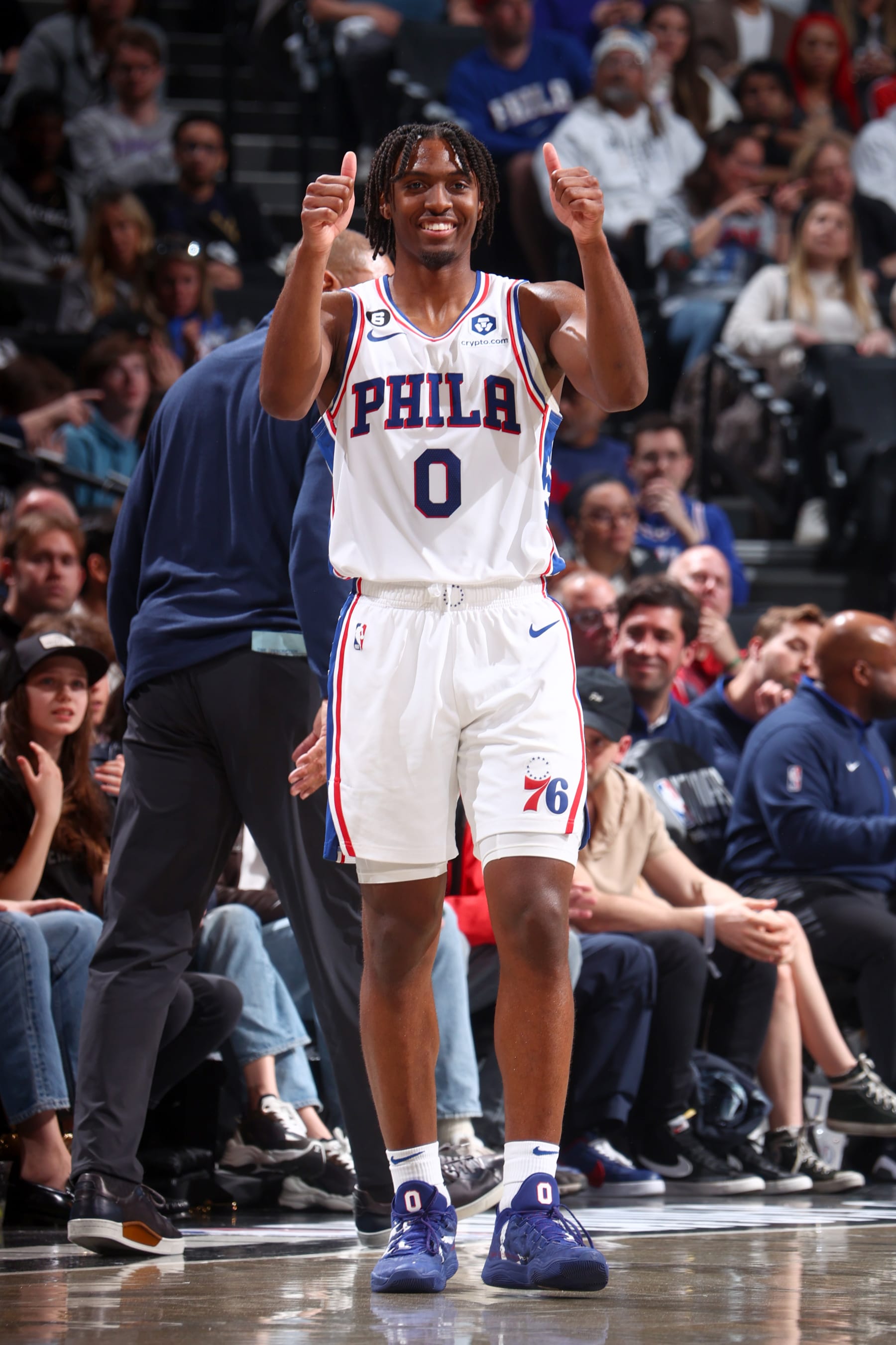 BROOKLYN, NY - APRIL 22: Tyrese Maxey #0 of the Philadelphia 76ers looks on during the game against the Brooklyn Nets during Round 1 Game 4 of the 2023 NBA Playoffs on April 22, 2023 at Barclays Center in Brooklyn, New York. NOTE TO USER: User expressly acknowledges and agrees that, by downloading and or using this Photograph, user is consenting to the terms and conditions of the Getty Images License Agreement. Mandatory Copyright Notice: Copyright 2023 NBAE (Photo by Nathaniel S. Butler/NBAE via Getty Images)