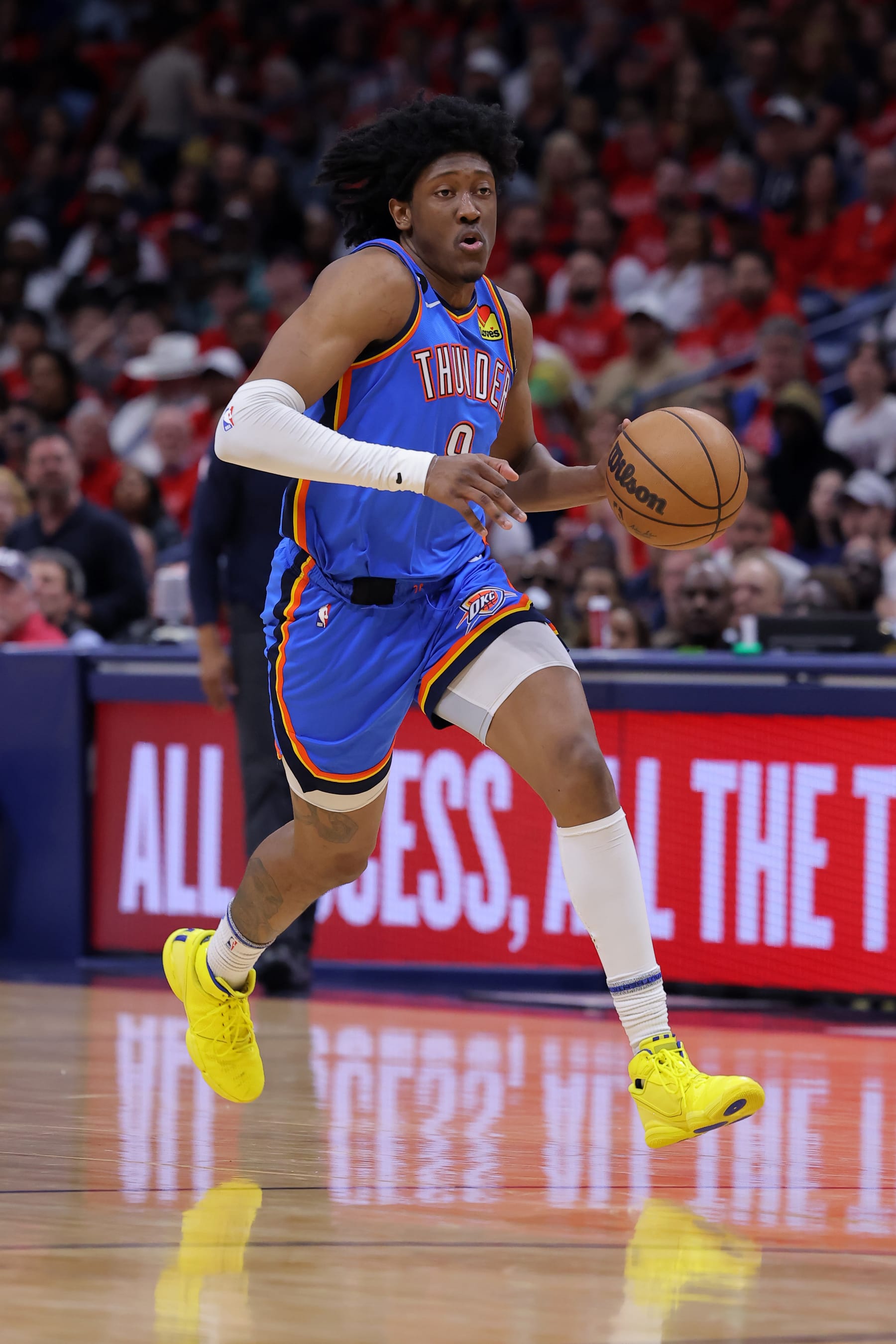 NEW ORLEANS, LOUISIANA - APRIL 12: Jalen Williams #8 of the Oklahoma City Thunder drives with the ball against the New Orleans Pelicans during a game at the Smoothie King Center on April 12, 2023 in New Orleans, Louisiana. NOTE TO USER: User expressly acknowledges and agrees that, by downloading and or using this Photograph, user is consenting to the terms and conditions of the Getty Images License Agreement. (Photo by Jonathan Bachman/Getty Images)