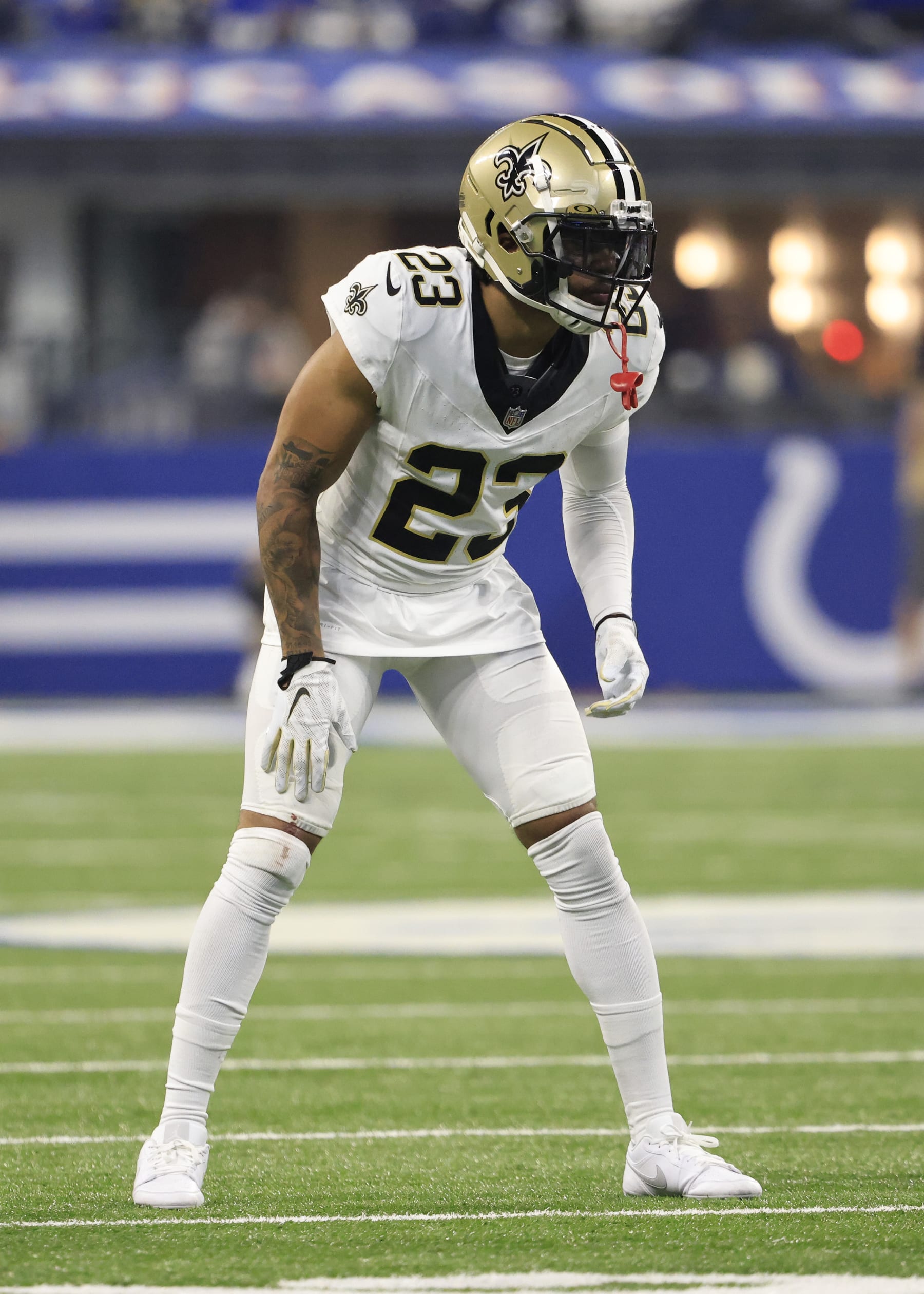 INDIANAPOLIS, INDIANA - OCTOBER 29: Marshon Lattimore #23 of the New Orleans Saints looks on in the game against the Indianapolis Colts at Lucas Oil Stadium on October 29, 2023 in Indianapolis, Indiana. (Photo by Justin Casterline/Getty Images)