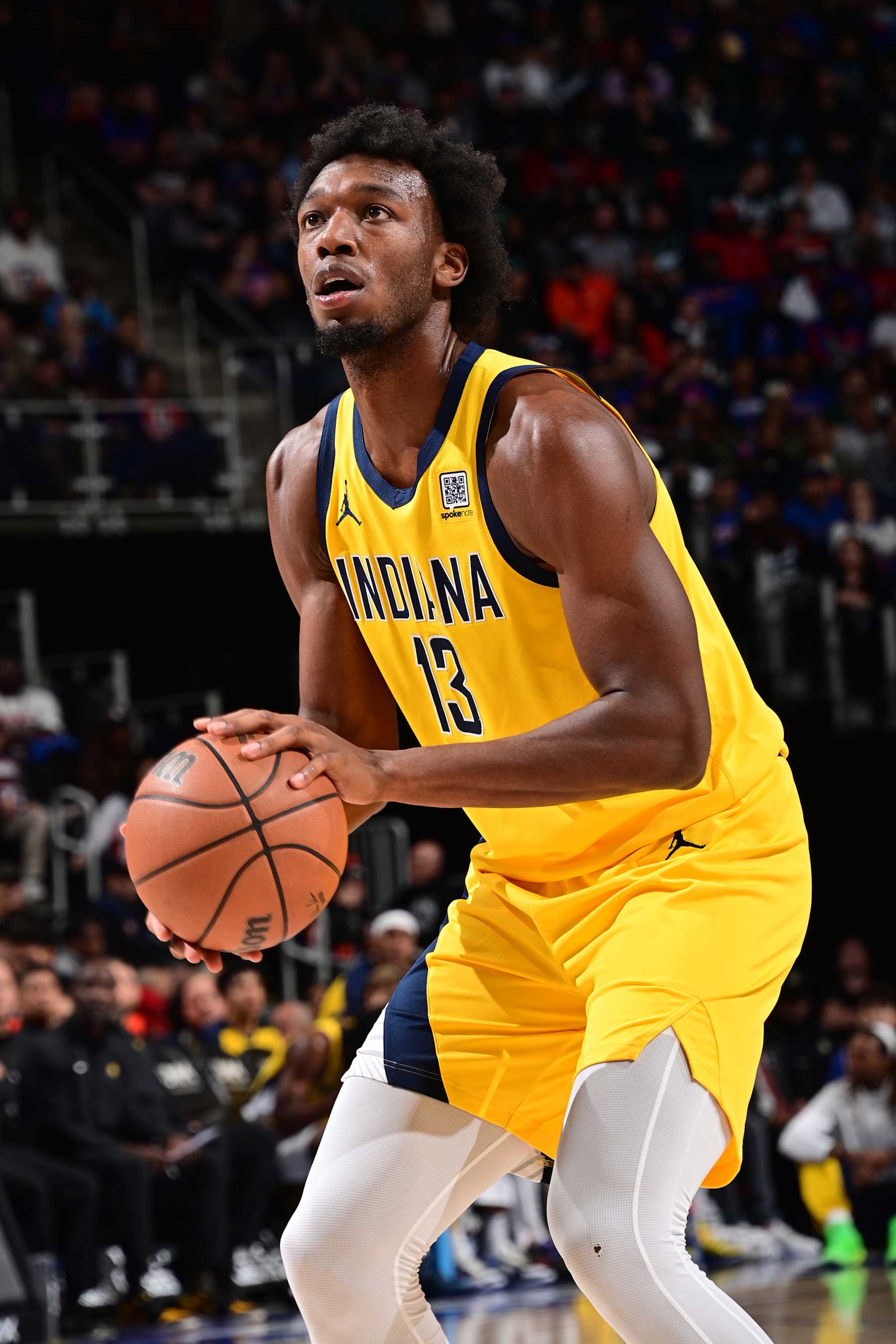 DETROIT, MI - OCTOBER 23: James Wiseman #13 of the Indiana Pacers shoots a free throw during the game against the Detroit Pistons on October 23, 2024 at Little Caesars Arena in Detroit, Michigan. NOTE TO USER: User expressly acknowledges and agrees that, by downloading and/or using this photograph, User is consenting to the terms and conditions of the Getty Images License Agreement. Mandatory Copyright Notice: Copyright 2024 NBAE (Photo by Chris Schwegler/NBAE via Getty Images)