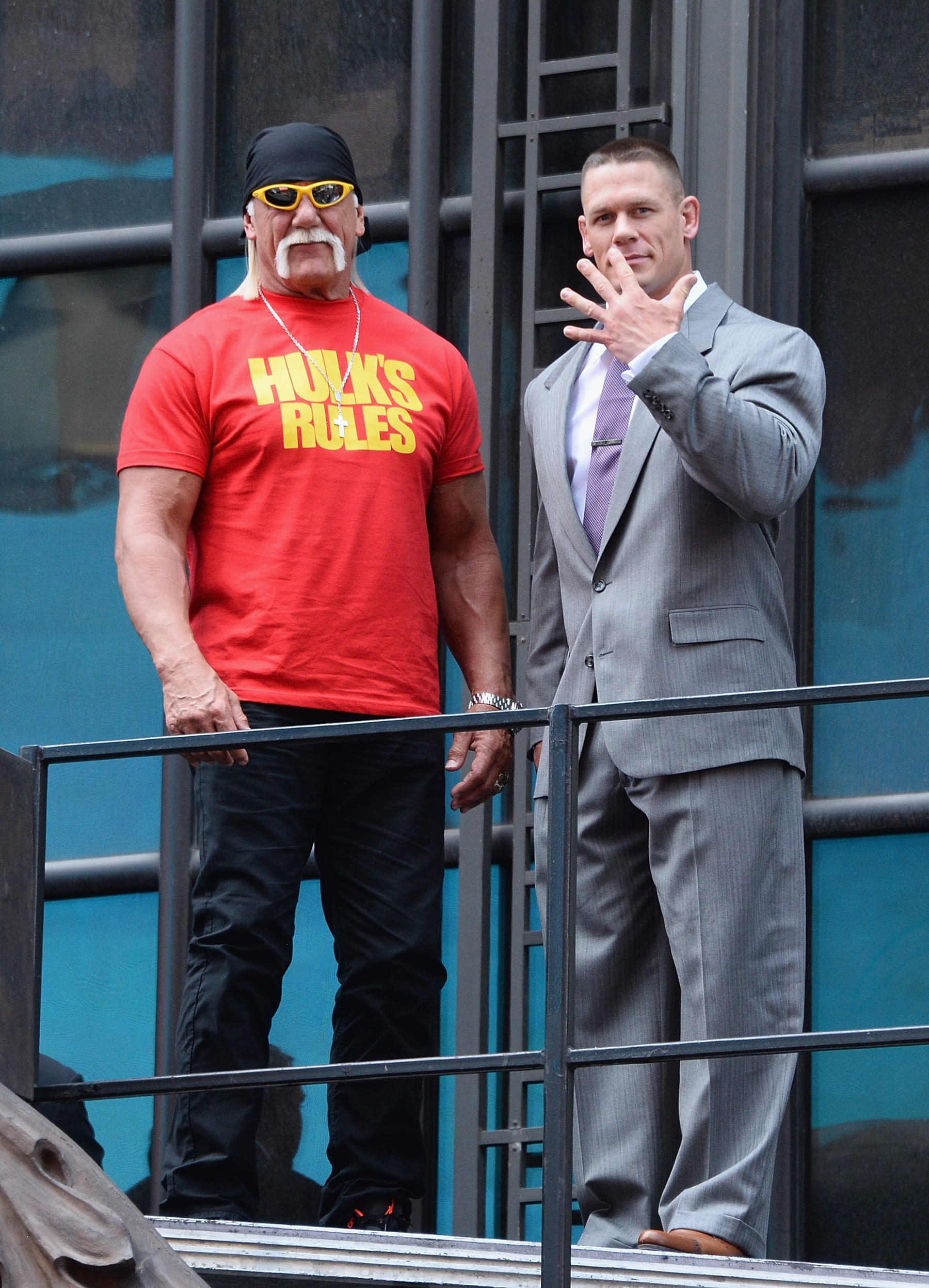 NEW YORK, NY - APRIL 01:  Hulk Hogan and John Cena attend the WrestleMania 30 press conference at the Hard Rock Cafe New York on April 1, 2014 in New York City.  (Photo by Dimitrios Kambouris/Getty Images)