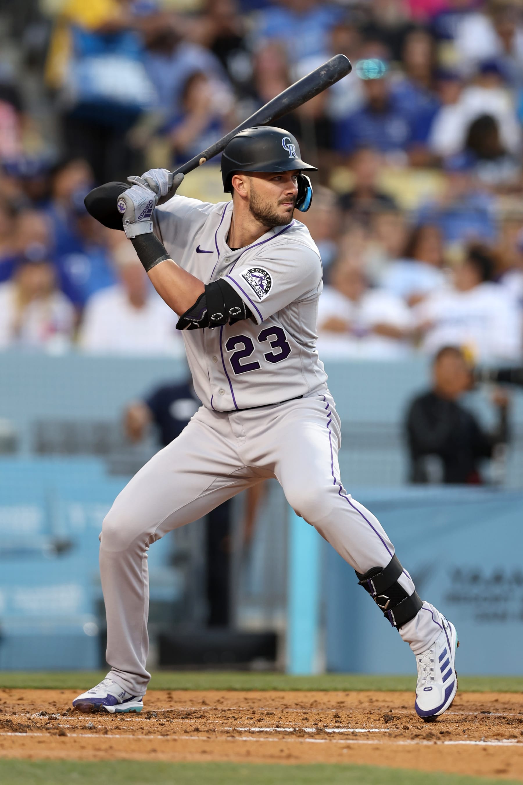 LOS ANGELES, CA - JULY 6:    Kris Bryant #23 of the Colorado Rockies bats during the game against the Los Angeles Dodgers at Dodger Stadium on July 6, 2022 in Los Angeles, California. The Dodgers defeated the Rockies 2-1. (Photo by Rob Leiter/MLB Photos via Getty Images)