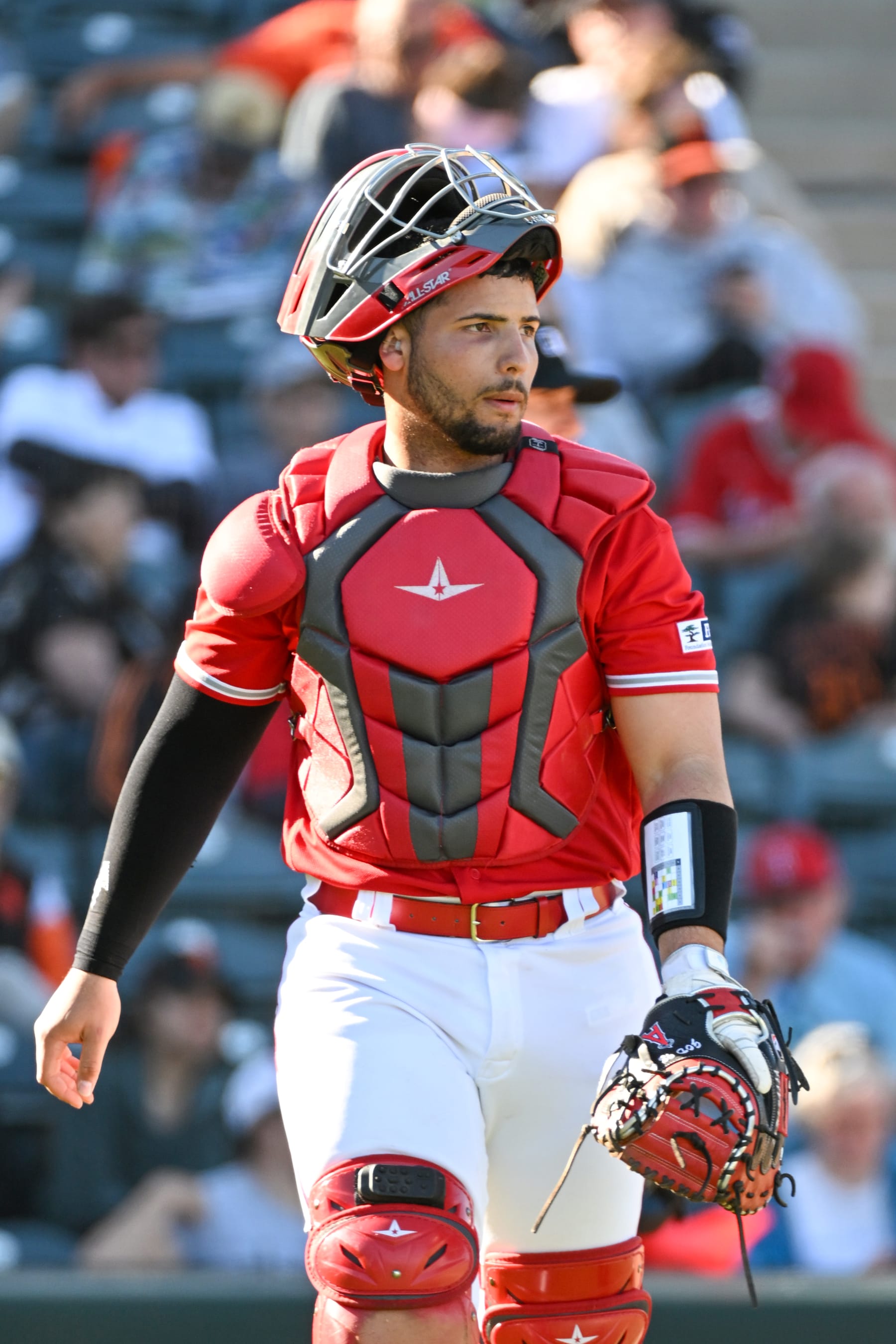 TEMPE, ARIZONA - FEBRUARY 27, 2023: Edgar Quero #97 of the Los Angeles Angels walks off the field during the ninth inning of a spring training game against the San Francisco Giants at Tempe Diablo Stadium on February 27, 2023 in Tempe, Arizona. (Photo by David Durochik/Diamond Images via Getty Images)