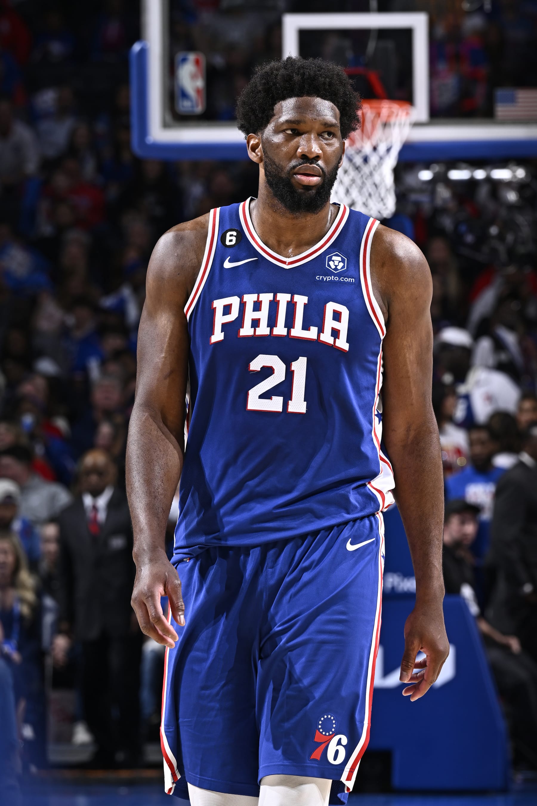 PHILADELPHIA, PA - APRIL 17: Joel Embiid #21 of the Philadelphia 76ers looks on during Round 1 Game 2 of the 2023 NBA Playoffs against the Brooklyn Nets on April 17, 2023 at the Wells Fargo Center in Philadelphia, Pennsylvania NOTE TO USER: User expressly acknowledges and agrees that, by downloading and/or using this Photograph, user is consenting to the terms and conditions of the Getty Images License Agreement. Mandatory Copyright Notice: Copyright 2023 NBAE (Photo by David Dow/NBAE via Getty Images)