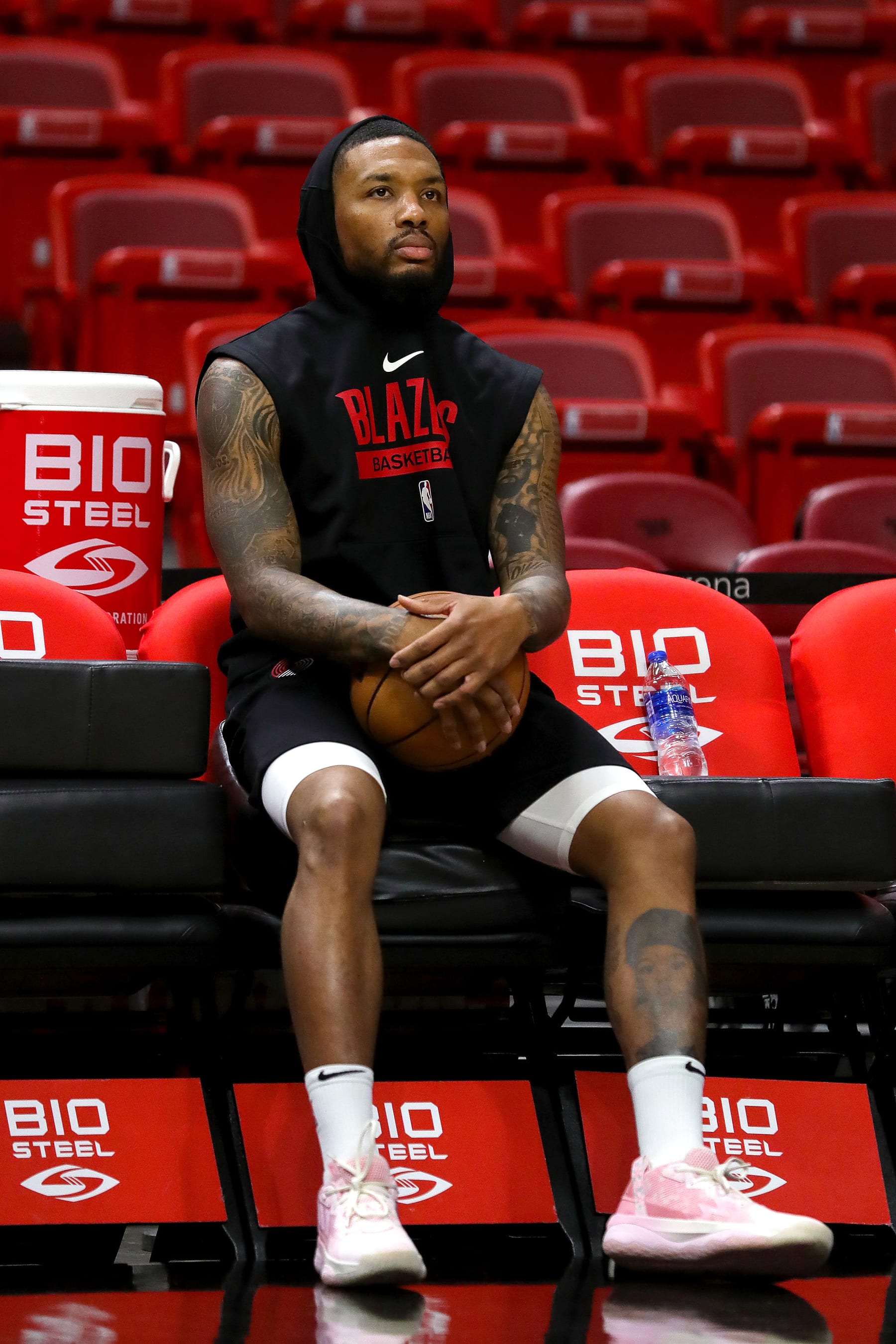 MIAMI, FLORIDA - NOVEMBER 07: Damian Lillard #0 of the Portland Trail Blazers looks on prior to playing the Miami Heat at FTX Arena on November 07, 2022 in Miami, Florida. NOTE TO USER: User expressly acknowledges and agrees that, by downloading and or using this photograph, User is consenting to the terms and conditions of the Getty Images License Agreement. (Photo by Megan Briggs/Getty Images)