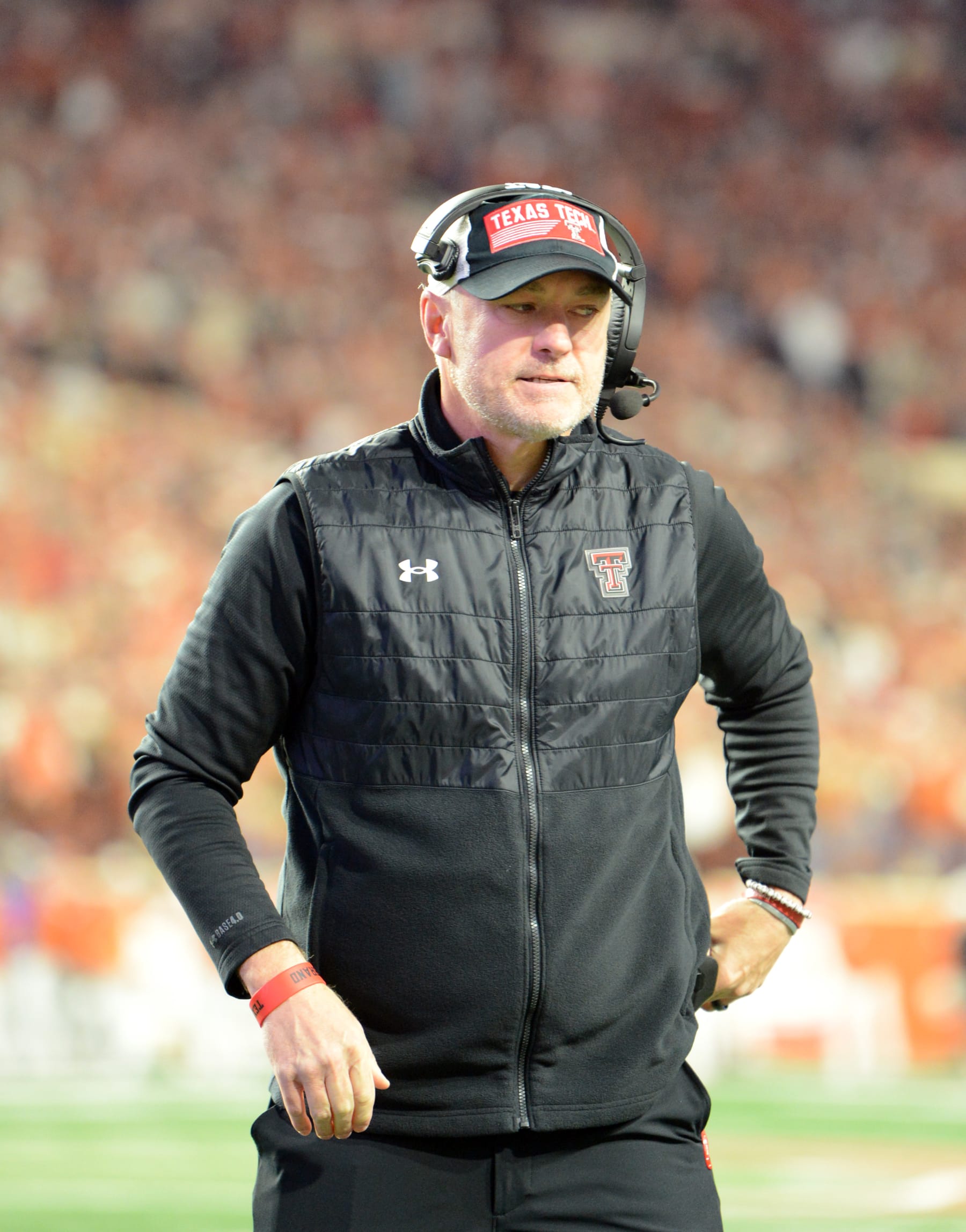 AUSTIN, TX - NOVEMBER 24: Texas Tech Red Raiders head coach Joey McGuire roams the sidelines during college football game between the Texas Tech Red Raiders and the Texas Longhorns on November 24, 2023, at Darrell K Royal-Texas Memorial Stadium in Austin, TX. (Photo by John Rivera/Icon Sportswire via Getty Images)