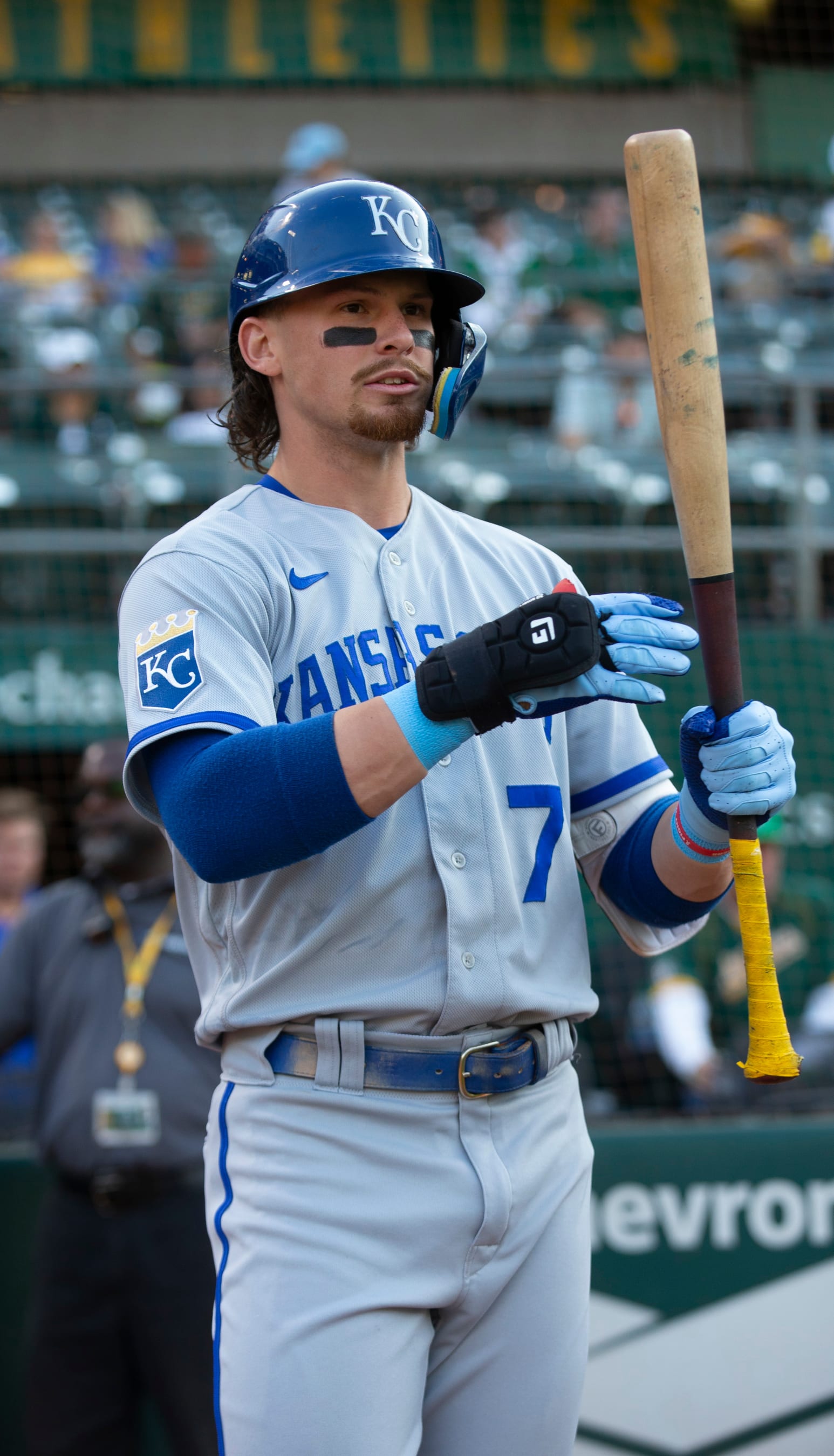 OAKLAND, CA - AUGUST 22: Bobby Witt Jr. #7 of the Kansas City Royals in the on deck circle before the game against the Oakland Athletics at RingCentral Coliseum on August 22, 2023 in Oakland, California. The Athletics defeated the Royals 5-4. (Photo by Michael Zagaris/Oakland Athletics/Getty Images)