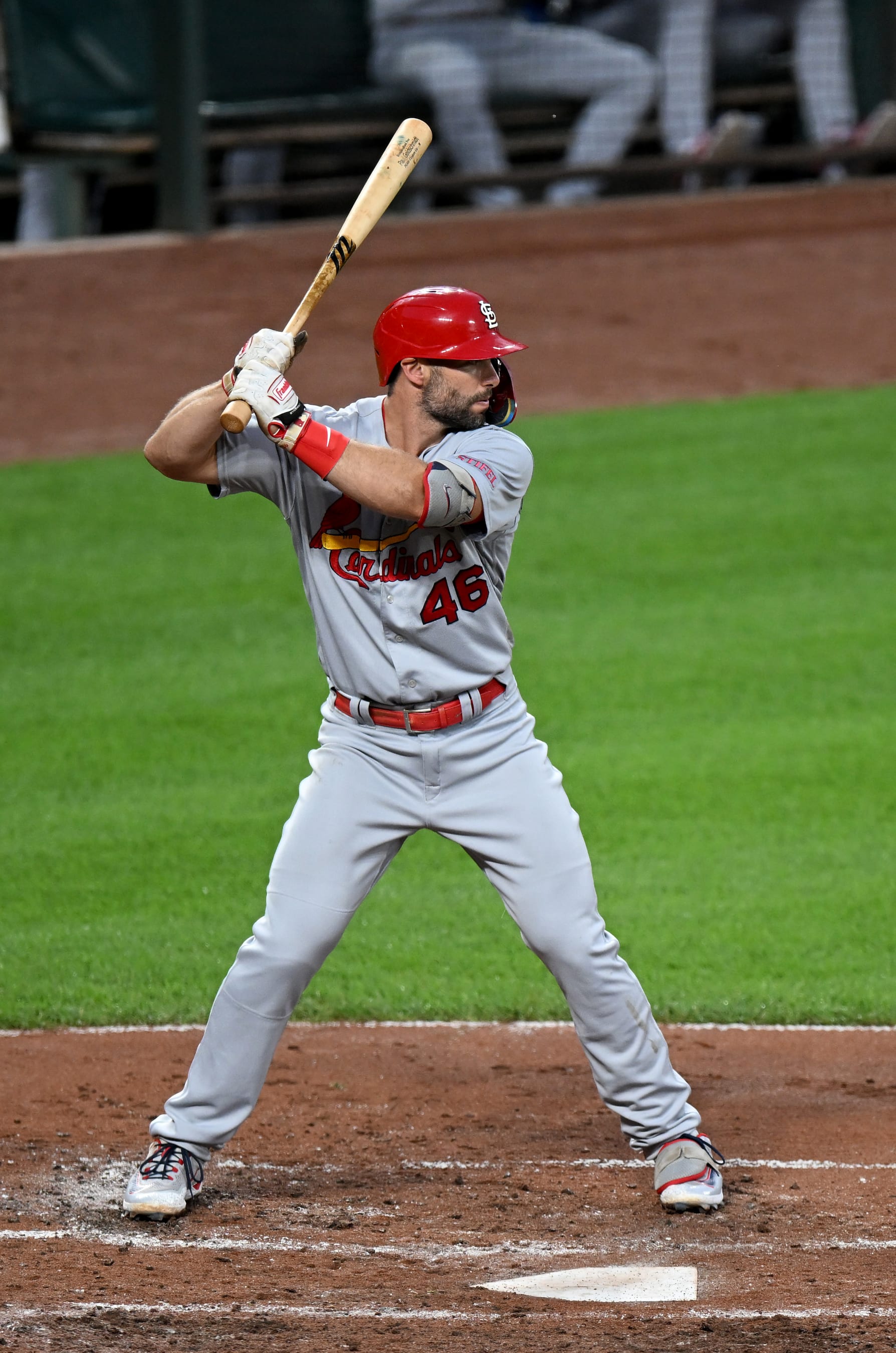 BALTIMORE, MARYLAND - SEPTEMBER 11: Paul Goldschmidt #46 of the St. Louis Cardinals bats against the Baltimore Orioles at Oriole Park at Camden Yards on September 11, 2023 in Baltimore, Maryland. (Photo by G Fiume/Getty Images)