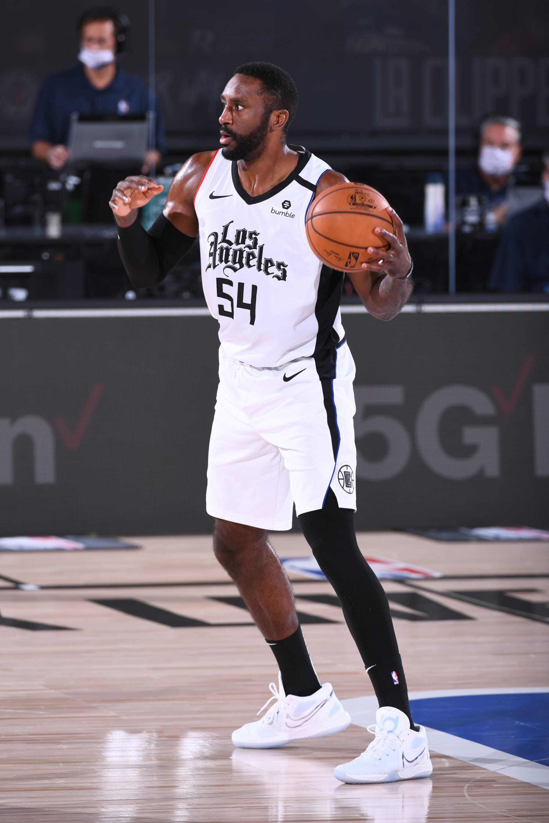 Orlando, FL - AUGUST 9: Patrick Patterson #54 of the LA Clippers looks to pass the ball against the Brooklyn Nets on August 9, 2020 at AdventHealth Arena in Orlando, Florida. NOTE TO USER: User expressly acknowledges and agrees that, by downloading and/or using this Photograph, user is consenting to the terms and conditions of the Getty Images License Agreement. Mandatory Copyright Notice: Copyright 2020 NBAE (Photo by Garrett Ellwood/NBAE via Getty Images)