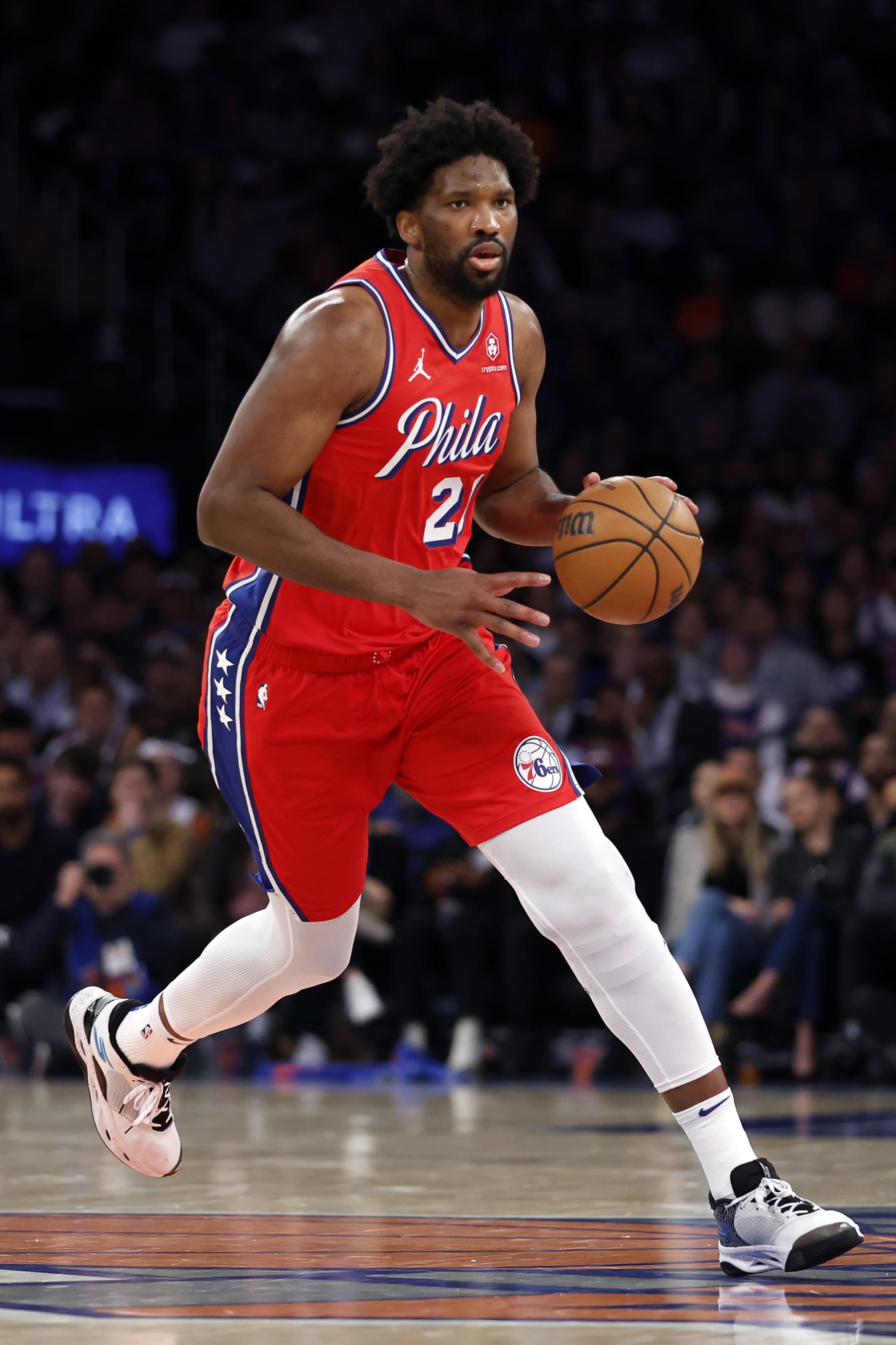 NEW YORK, NEW YORK - APRIL 22: Joel Embiid #21 of the Philadelphia 76ers dribbles during the first half against the New York Knicks in Game Two of the Eastern Conference First Round Playoffs at Madison Square Garden on April 22, 2024 in New York City. NOTE TO USER: User expressly acknowledges and agrees that, by downloading and or using this photograph, User is consenting to the terms and conditions of the Getty Images License Agreement. (Photo by Sarah Stier/Getty Images)