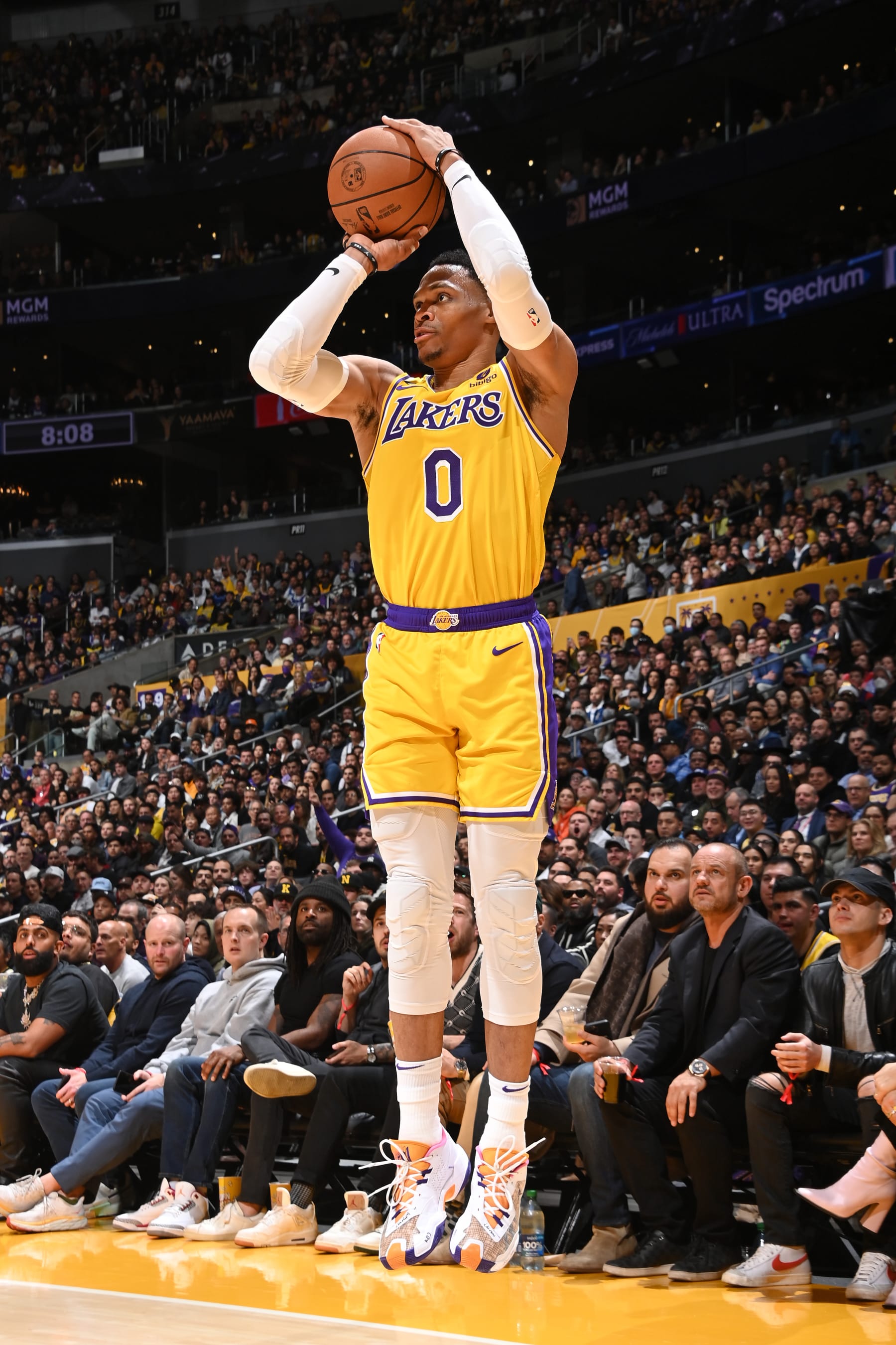 LOS ANGELES, CA - FEBRUARY 7: Russell Westbrook #0 of the Los Angeles Lakers shoots a three point basket against the Oklahoma City Thunder on February 7, 2023 at Crypto.Com Arena in Los Angeles, California. NOTE TO USER: User expressly acknowledges and agrees that, by downloading and/or using this Photograph, user is consenting to the terms and conditions of the Getty Images License Agreement. Mandatory Copyright Notice: Copyright 2023 NBAE (Photo by Andrew D. Bernstein/NBAE via Getty Images)