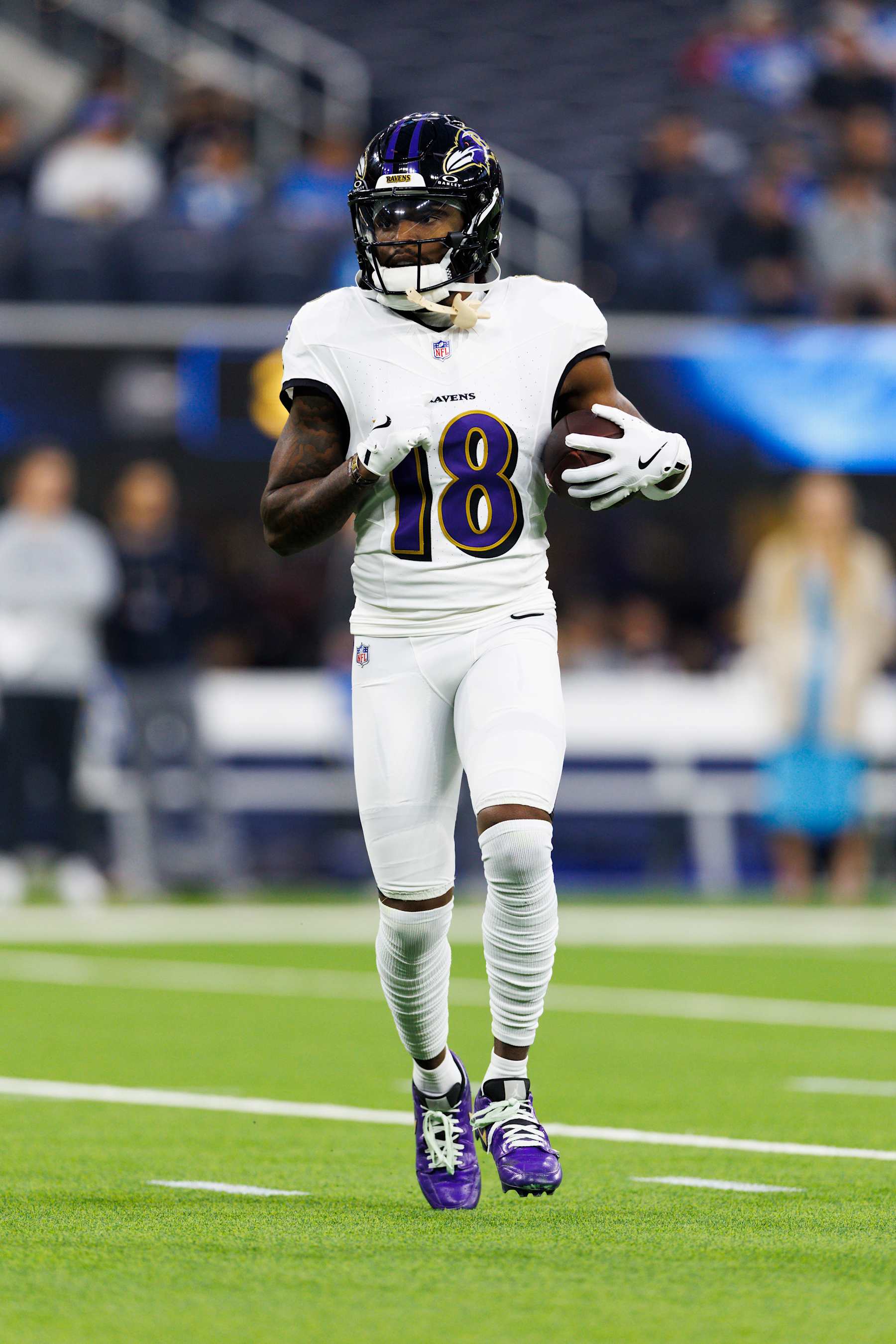 INGLEWOOD, CALIFORNIA - NOVEMBER 25: Diontae Johnson #18 of the Baltimore Ravens runs after the catch before a game against the Los Angeles Chargers at SoFi Stadium on November 25, 2024 in Inglewood, California. (Photo by Ric Tapia/Getty Images)