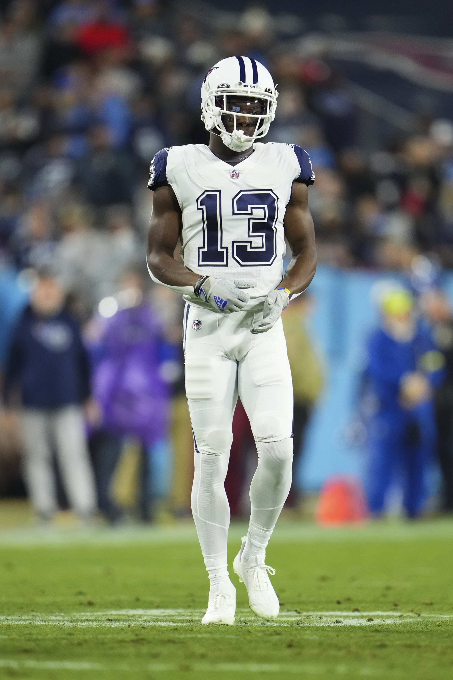 NASHVILLE, TN - DECEMBER 29: Michael Gallup #13 of the Dallas Cowboys gets set against the Tennessee Titans at Nissan Stadium on December 29, 2022 in Nashville, Tennessee. (Photo by Cooper Neill/Getty Images)