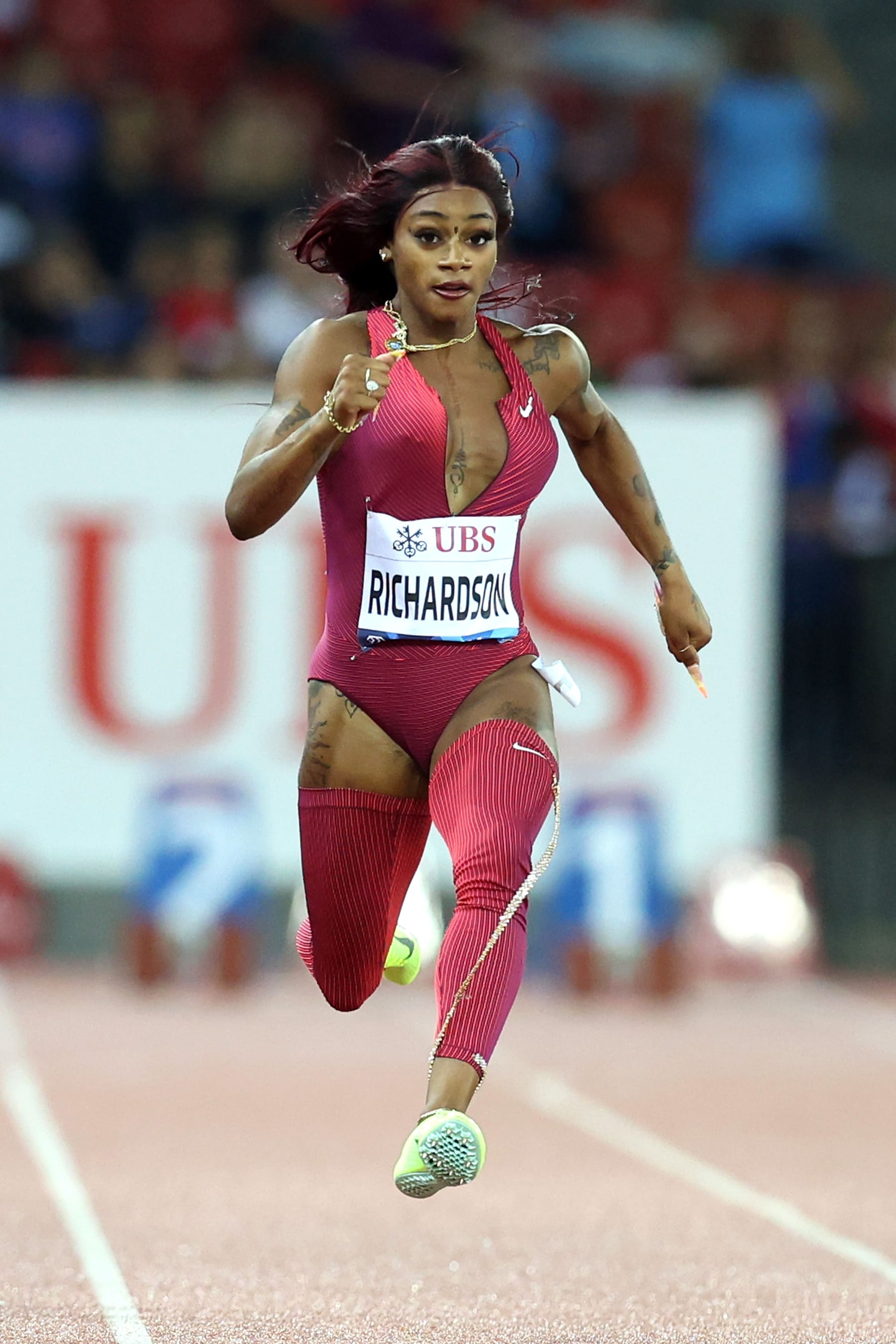 ZURICH, SWITZERLAND - SEPTEMBER 08: Sha'Carri Richardson runs in the Women's 100 Metres during the Weltklasse Zurich 2022, part of the 2022 Diamond League series at Stadion Letzigrund on September 08, 2022 in Zurich, Switzerland. (Photo by Alexander Hassenstein/Getty Images)