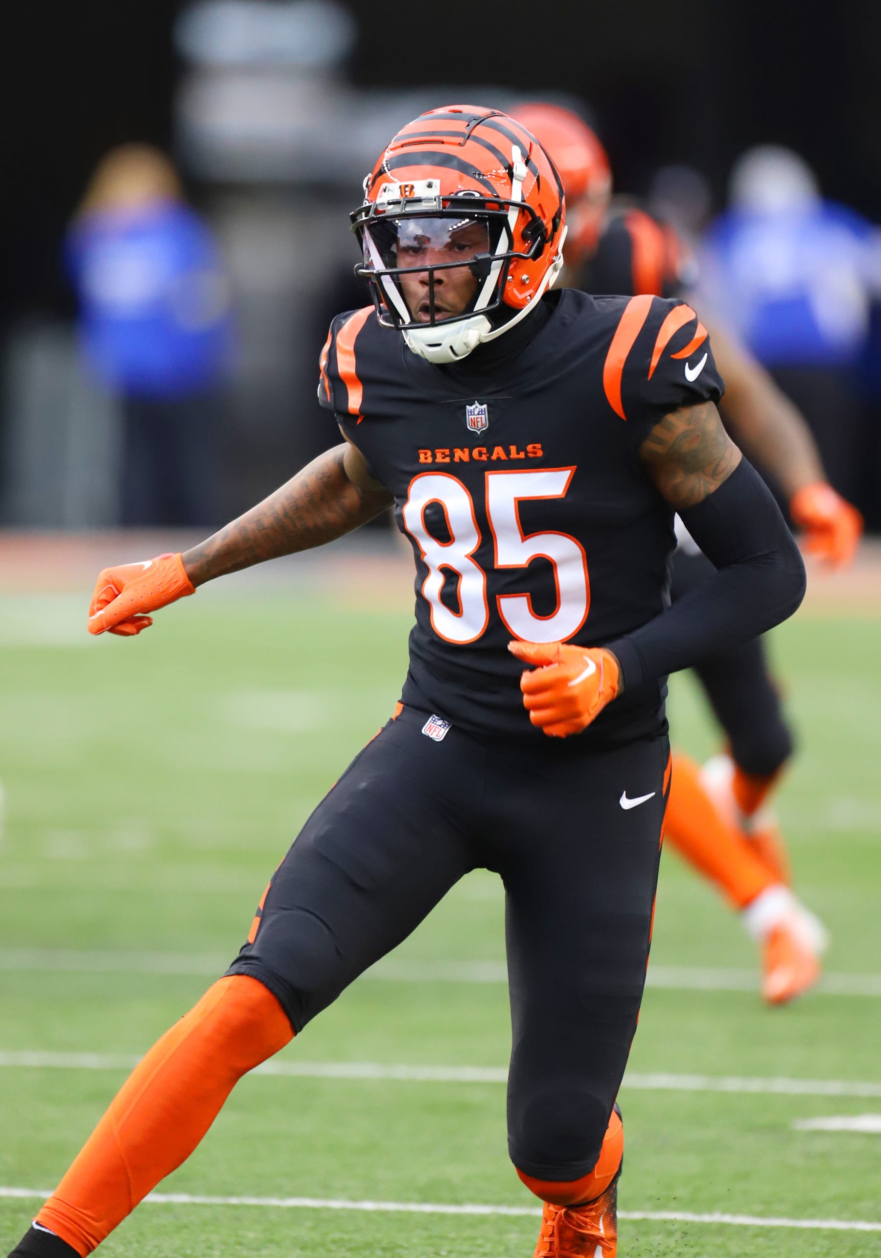CINCINNATI, OH - JANUARY 08: Cincinnati Bengals wide receiver Tee Higgins (85) in a game between the Baltimore Ravens and the Cincinnati Bengals on January 8, 2023, at Paycor Stadium in Cincinnati, OH. (Photo by Jeff Moreland/Icon Sportswire via Getty Images)