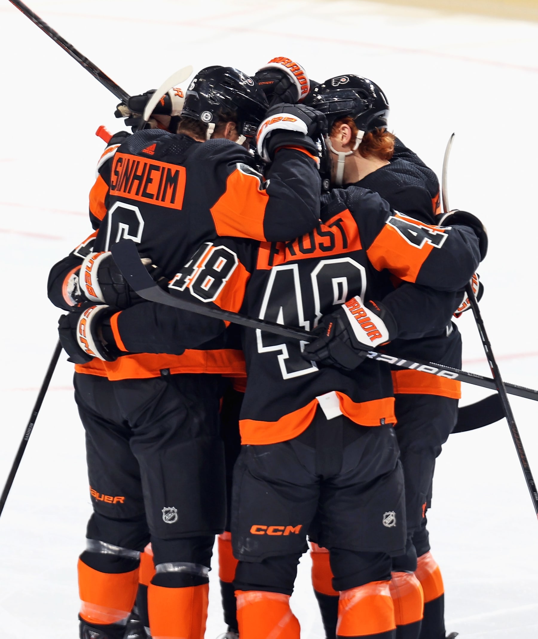 PHILADELPHIA, PENNSYLVANIA - MARCH 19: Owen Tippett #74(right) of the Philadelphia Flyers celebrates his first period goal against the Toronto Maple Leafs with Travis Sanheim #6 and Morgan Frost #48 at the Wells Fargo Center on March 19, 2024 in Philadelphia, Pennsylvania.  (Photo by Len Redkoles/NHLI via Getty Images)