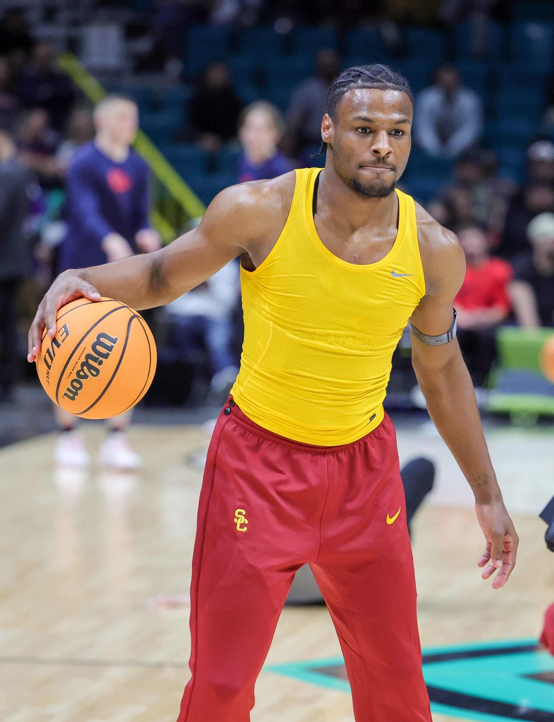 LAS VEGAS, NEVADA - DECEMBER 02: Bronny James #6 of the USC Trojans warms up before a game against the Gonzaga Bulldogs during the Legends of Basketball Las Vegas Invitational at MGM Grand Garden Arena on December 02, 2023 in Las Vegas, Nevada. (Photo by Ethan Miller/Getty Images)