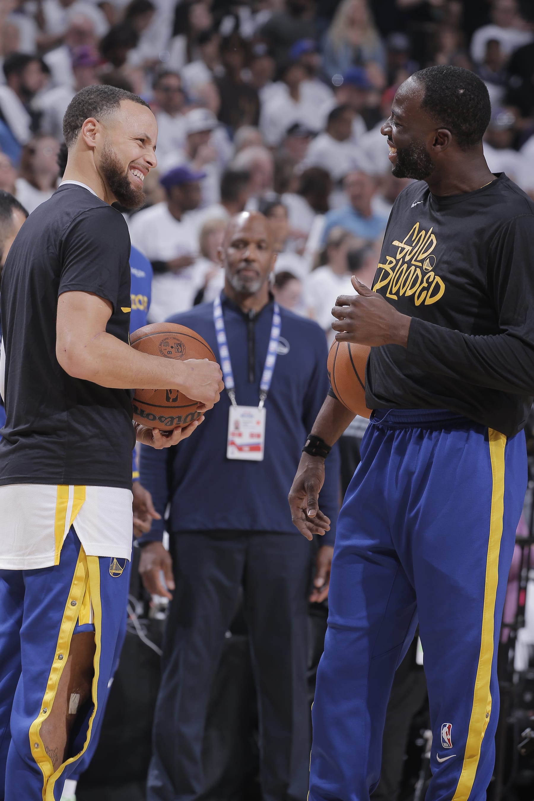 SACRAMENTO, CA - APRIL 15: Stephen Curry #30 and Draymond Green #23 of the Golden State Warriors talk prior to the game against the Sacramento Kings during Round 1 Game 1 of the 2023 NBA Playoffs on April 15, 2023 at Golden 1 Center in Sacramento, California. NOTE TO USER: User expressly acknowledges and agrees that, by downloading and or using this photograph, User is consenting to the terms and conditions of the Getty Images Agreement. Mandatory Copyright Notice: Copyright 2023 NBAE (Photo by Rocky Widner/NBAE via Getty Images)