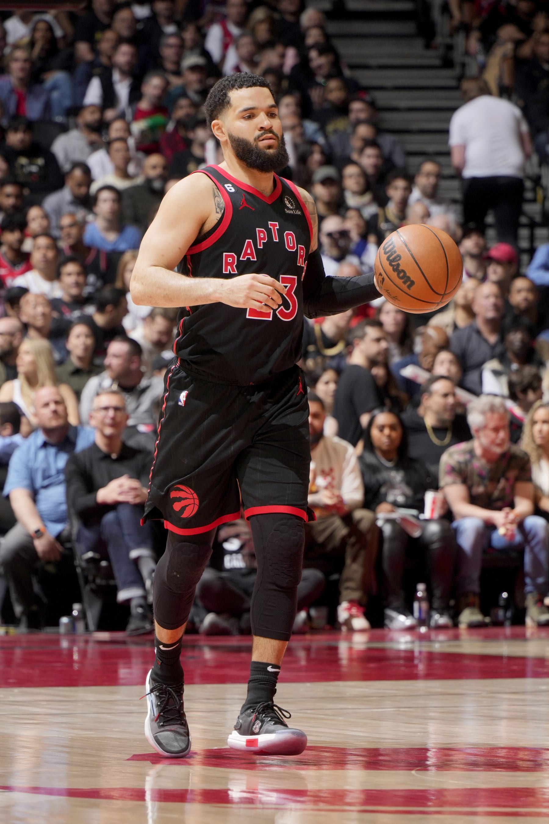 TORONTO, CANADA - APRIL 12:  Fred VanVleet #23 of the Toronto Raptors dribbles the ball against the Chicago Bulls during the 2023 Play-In Tournament on April 12, 2023 at the Scotiabank Arena in Toronto, Ontario, Canada.  NOTE TO USER: User expressly acknowledges and agrees that, by downloading and or using this Photograph, user is consenting to the terms and conditions of the Getty Images License Agreement.  Mandatory Copyright Notice: Copyright 2022 NBAE (Photo by Mark Blinch/NBAE via Getty Images)