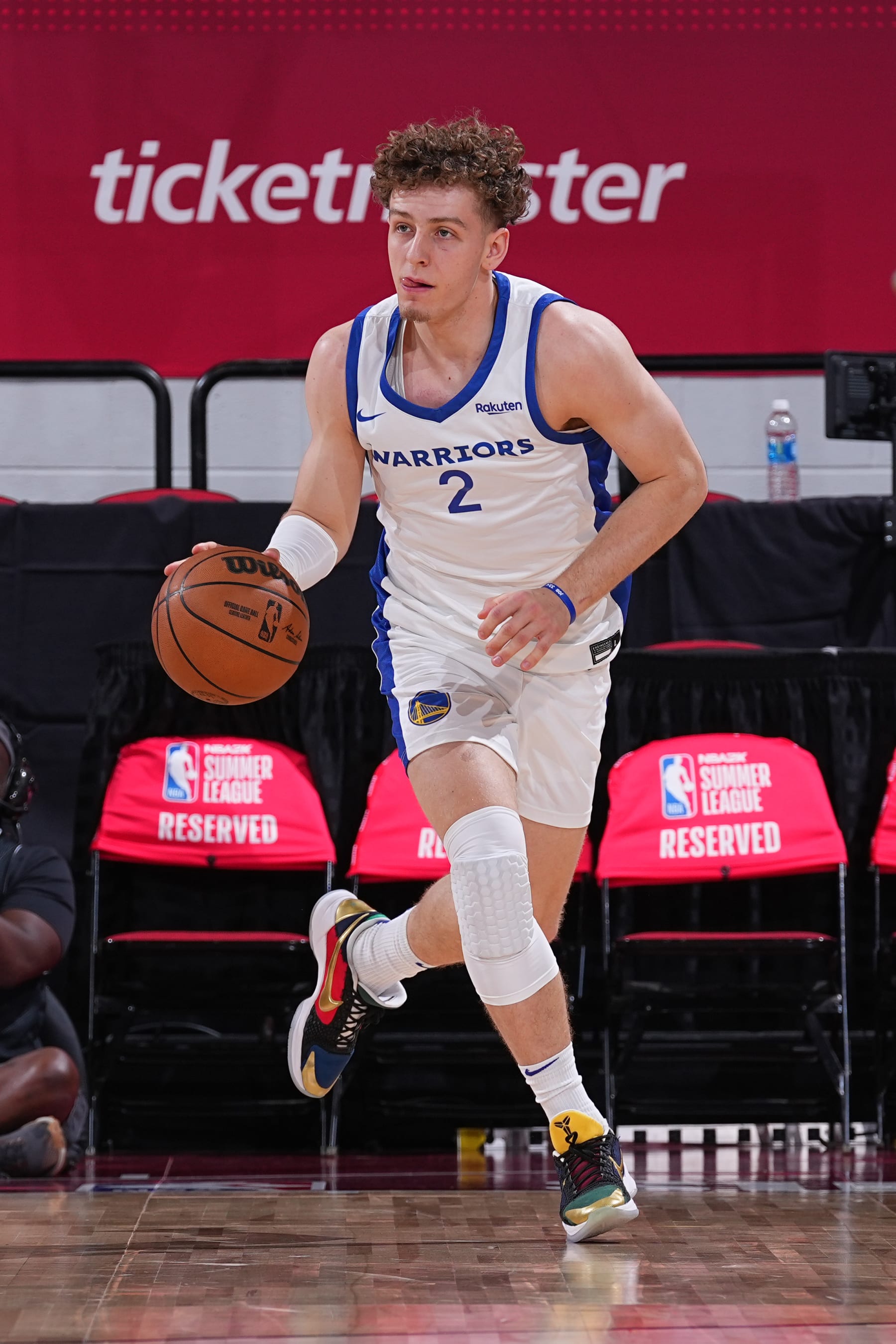 LAS VEGAS, NV - JULY 15: Brandin Podziemski #2 of the Golden State Warriors dribbles the ball during the game against the Toronto Raptors during the 2023 NBA Las Vegas Summer League on July 15, 2023 at the Cox Pavilion in Las Vegas, Nevada. NOTE TO USER: User expressly acknowledges and agrees that, by downloading and or using this photograph, User is consenting to the terms and conditions of the Getty Images License Agreement. Mandatory Copyright Notice: Copyright 2023 NBAE (Photo by Bart Young/NBAE via Getty Images)