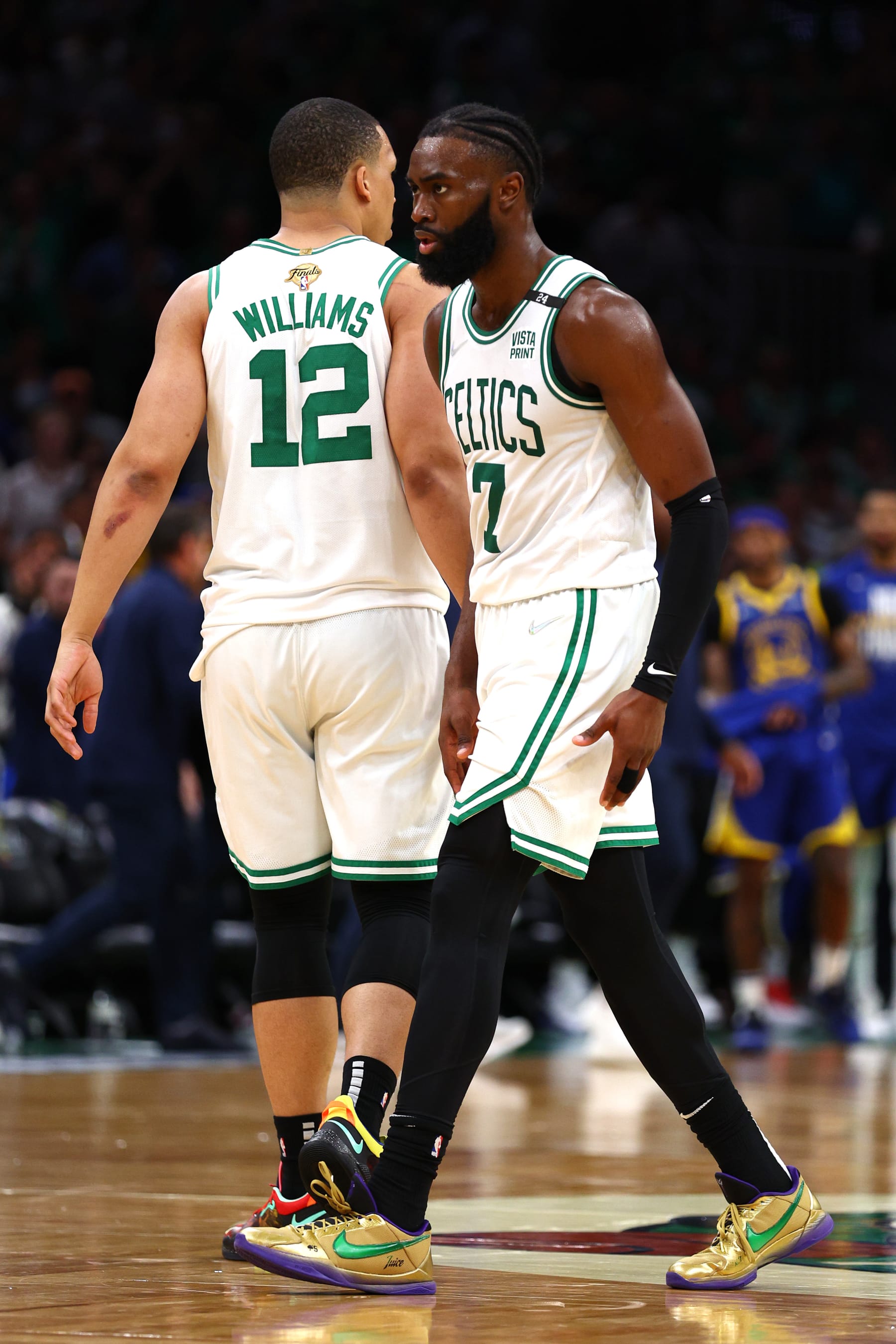 BOSTON, MASSACHUSETTS - JUNE 16: Grant Williams #12 and Jaylen Brown #7 of the Boston Celtics celebrate against the Golden State Warriors during the third quarter in Game Six of the 2022 NBA Finals at TD Garden on June 16, 2022 in Boston, Massachusetts. NOTE TO USER: User expressly acknowledges and agrees that, by downloading and/or using this photograph, User is consenting to the terms and conditions of the Getty Images License Agreement. (Photo by Elsa/Getty Images)