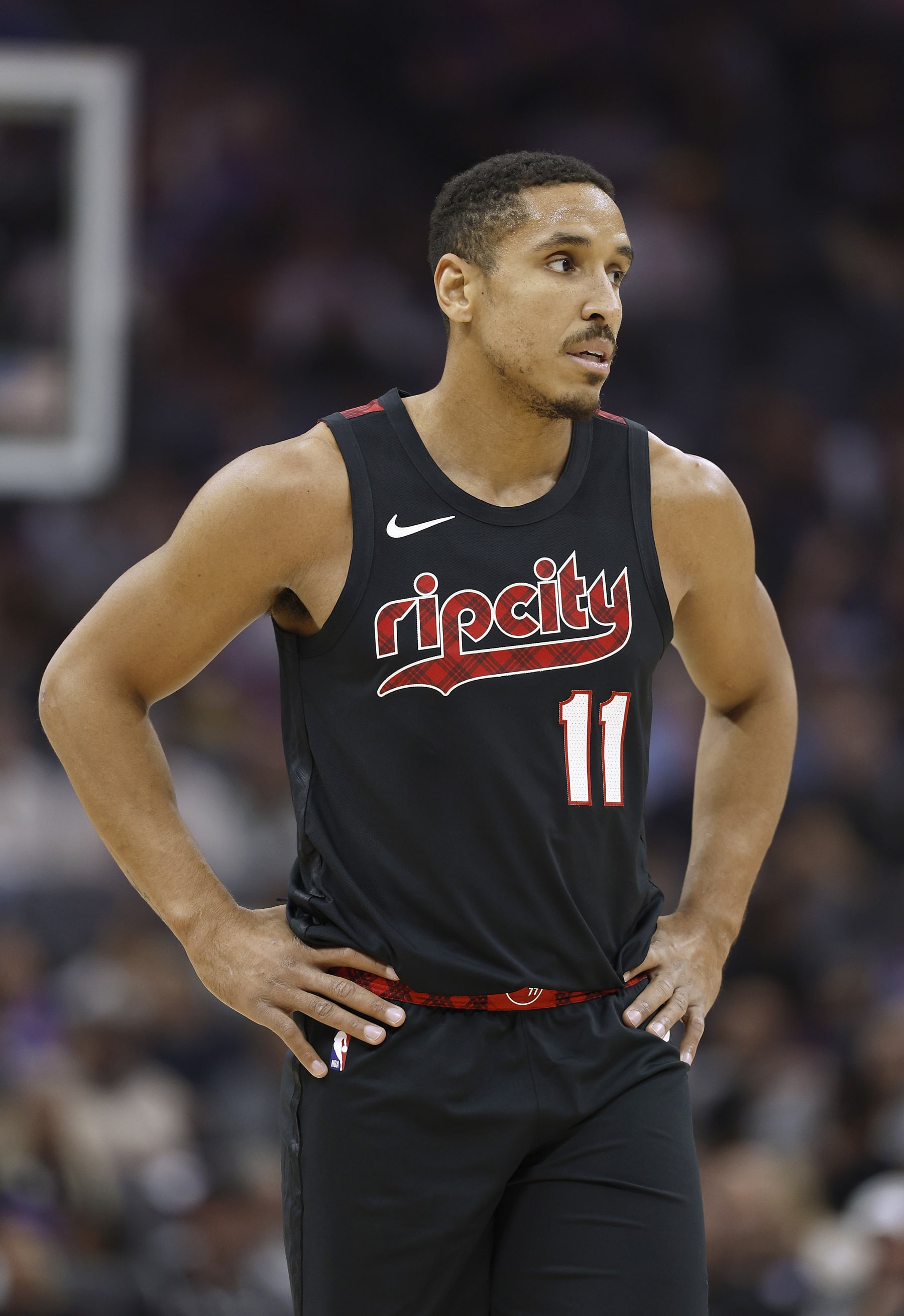 SACRAMENTO, CALIFORNIA - NOVEMBER 08: Malcolm Brogdon #11 of the Portland Trail Blazers looks on against the Sacramento Kings during the first half of an NBA basketball game at Golden 1 Center on November 08, 2023 in Sacramento, California. NOTE TO USER: User expressly acknowledges and agrees that, by downloading and or using this photograph, User is consenting to the terms and conditions of the Getty Images License Agreement. (Photo by Thearon W. Henderson/Getty Images)