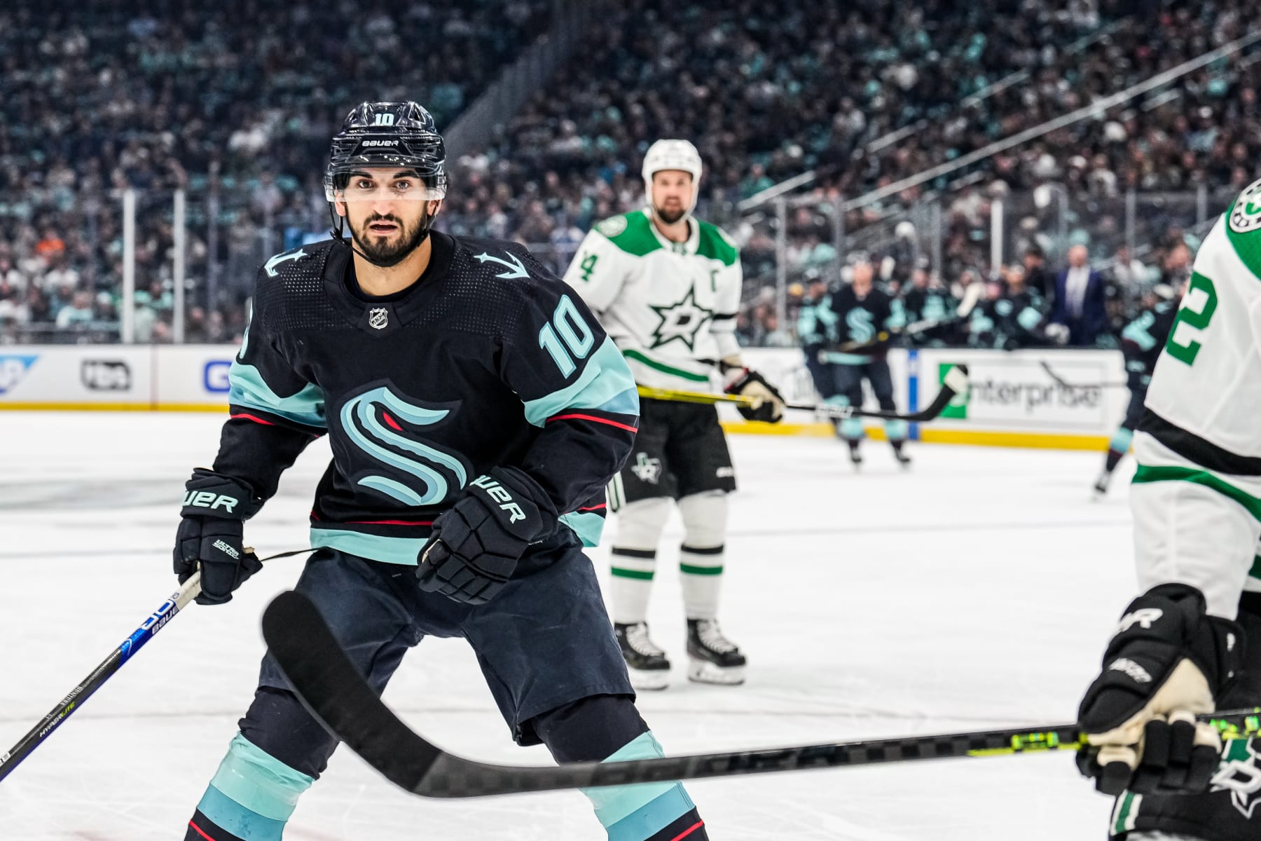 SEATTLE, WASHINGTON - MAY 7:Matty Beniers #10 of the Seattle Kraken skates on the ice during the first period against the Dallas Stars in Game Three of the Second Round of the 2023 Stanley Cup Playoffs at Climate Pledge Arena on May 7, 2023 in Seattle, Washington. (Photo by Christopher Mast/NHLI via Getty Images)