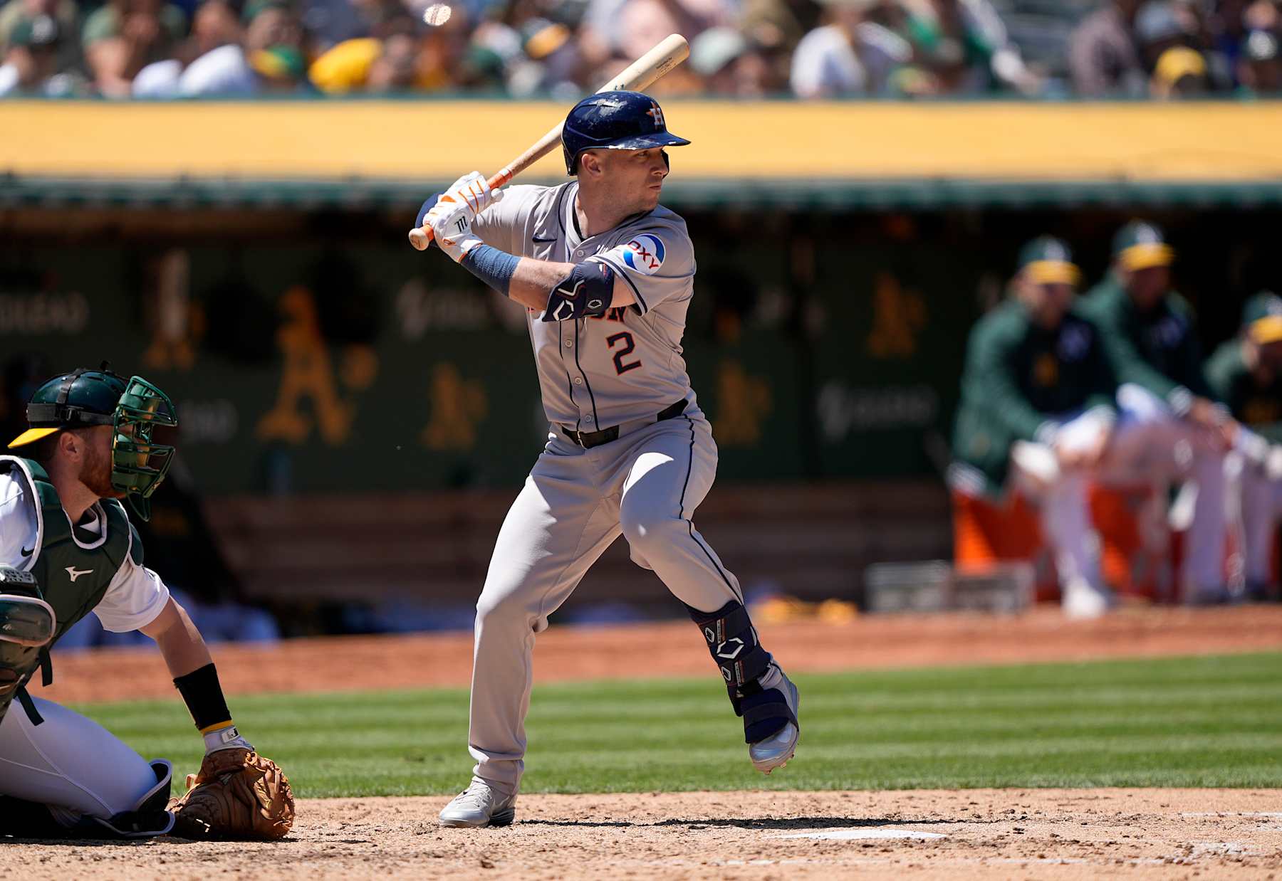 OAKLAND, CALIFORNIA - MAY 25: Alex Bregman #2 of the Houston Astros bats against the Oakland Athletics in the top of the six inning on May 25, 2024 at the Oakland Coliseum in Oakland, California. (Photo by Thearon W. Henderson/Getty Images)