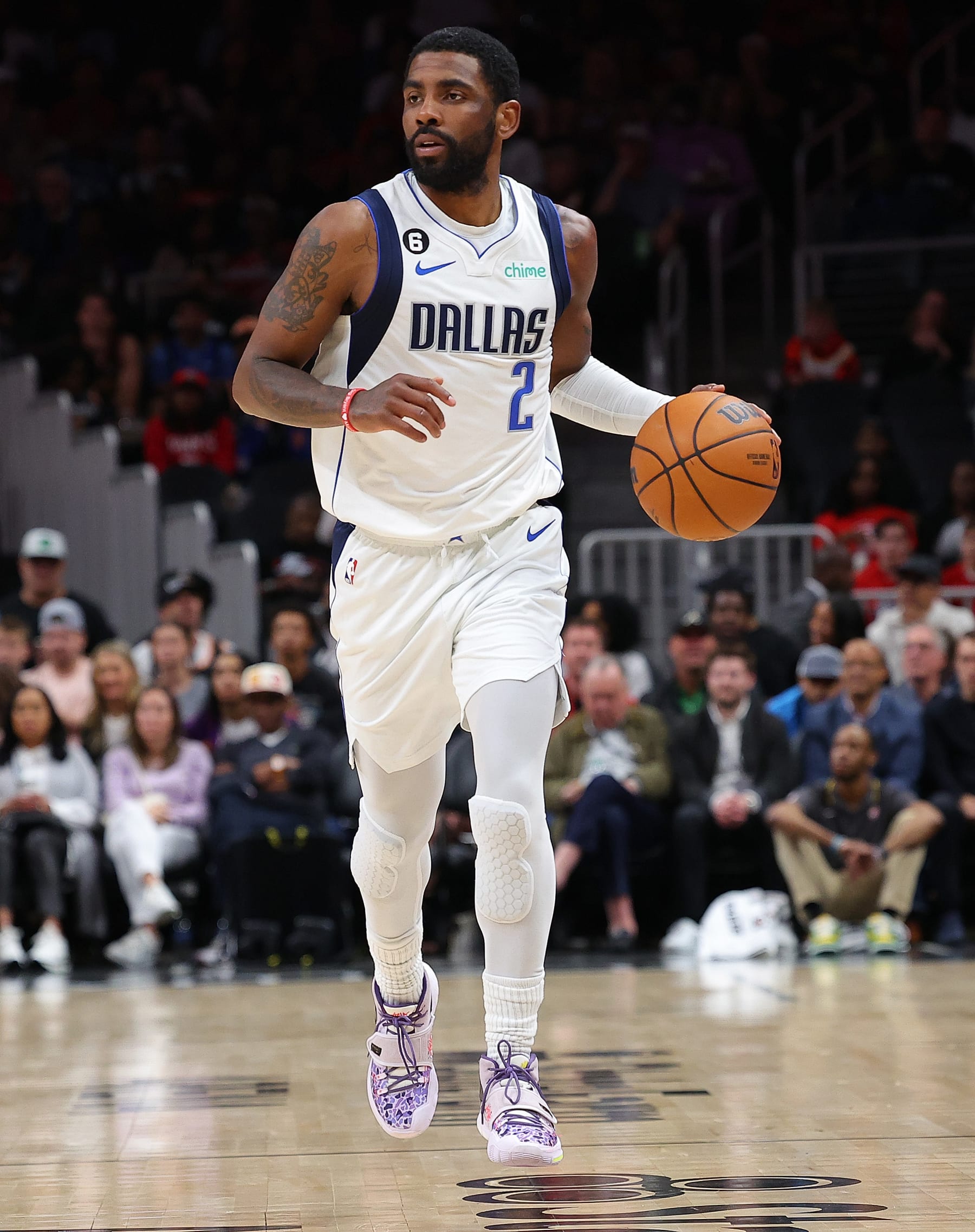 ATLANTA, GEORGIA - APRIL 02:  Kyrie Irving #2 of the Dallas Mavericks against the Atlanta Hawks during the second quarter at State Farm Arena on April 02, 2023 in Atlanta, Georgia.  NOTE TO USER: User expressly acknowledges and agrees that, by downloading and or using this photograph, User is consenting to the terms and conditions of the Getty Images License Agreement.  (Photo by Kevin C. Cox/Getty Images)
