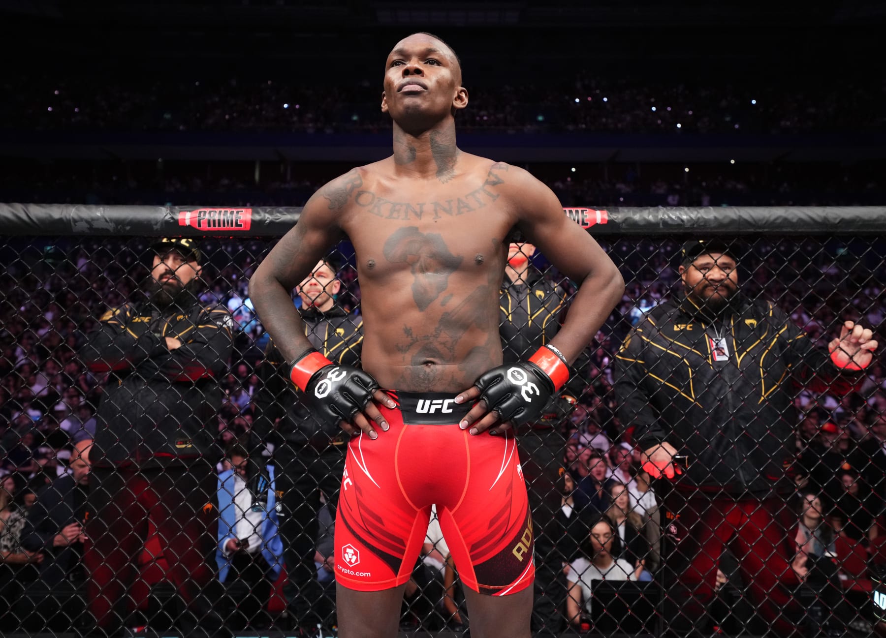 SYDNEY, AUSTRALIA - SEPTEMBER 10: Israel Adesanya of Nigeria prepares to face Sean Strickland in the UFC middleweight championship fight during the UFC 293 event at Qudos Bank Arena on September 10, 2023 in Sydney, Australia. (Photo by Chris Unger/Zuffa LLC via Getty Images) SYDNEY, AUSTRALIA - SEPTEMBER 10: Israel Adesanya of Nigeria prepares to face Sean Strickland in the UFC middleweight championship fight during the UFC 293 event at Qudos Bank Arena on September 10, 2023 in Sydney, Australia. (Photo by Chris Unger/Zuffa LLC via Getty Images)
