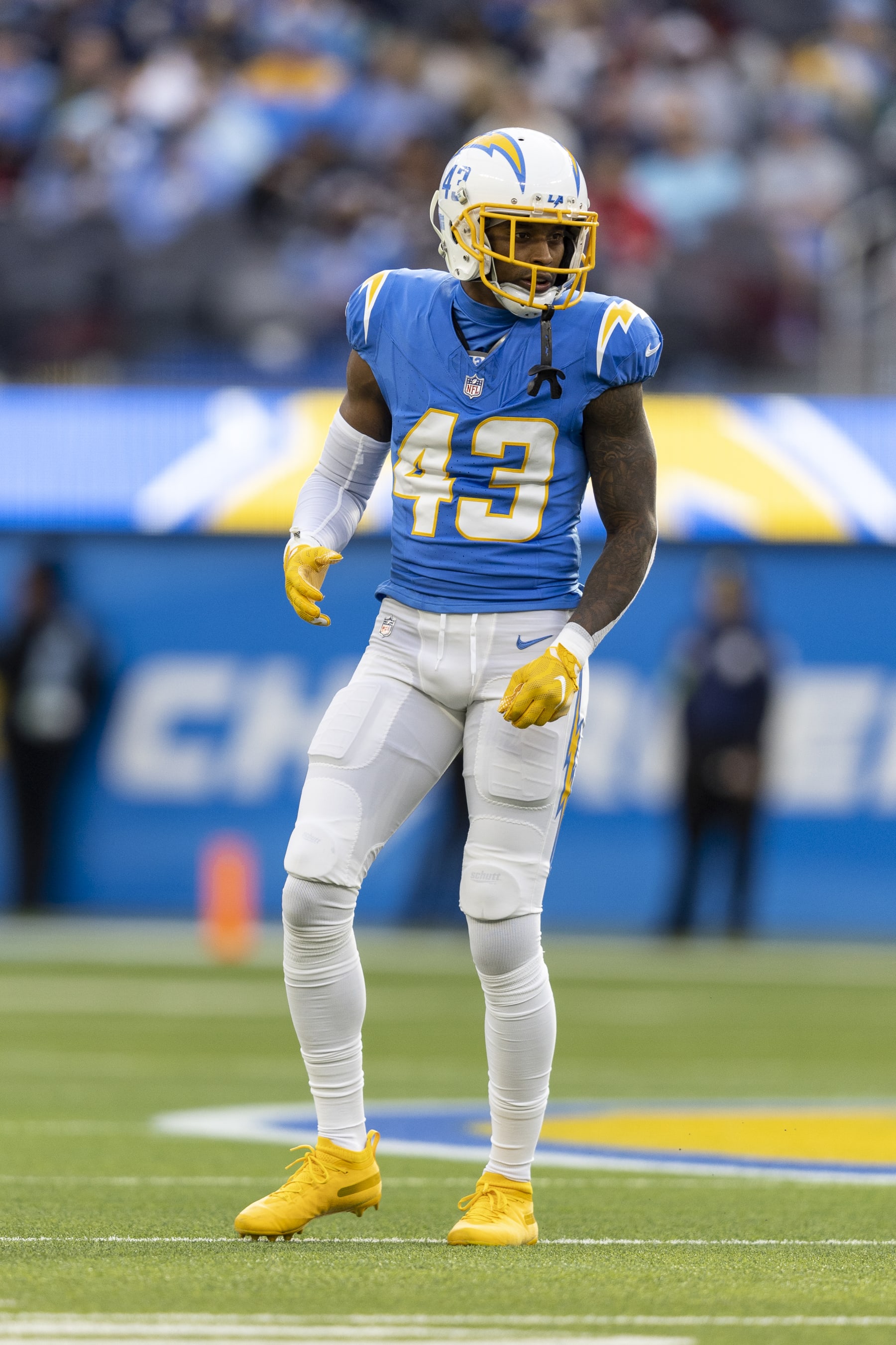 INGLEWOOD, CALIFORNIA - JANUARY 07: Michael Davis #43 of the Los Angeles Chargers looks on during an NFL football game between the Los Angeles Chargers and the Kansas City Chiefs at SoFi Stadium on January 07, 2024 in Inglewood, California. (Photo by Michael Owens/Getty Images) INGLEWOOD, CALIFORNIA - JANUARY 07: Michael Davis #43 of the Los Angeles Chargers looks on during an NFL football game between the Los Angeles Chargers and the Kansas City Chiefs at SoFi Stadium on January 07, 2024 in Inglewood, California. (Photo by Michael Owens/Getty Images)
