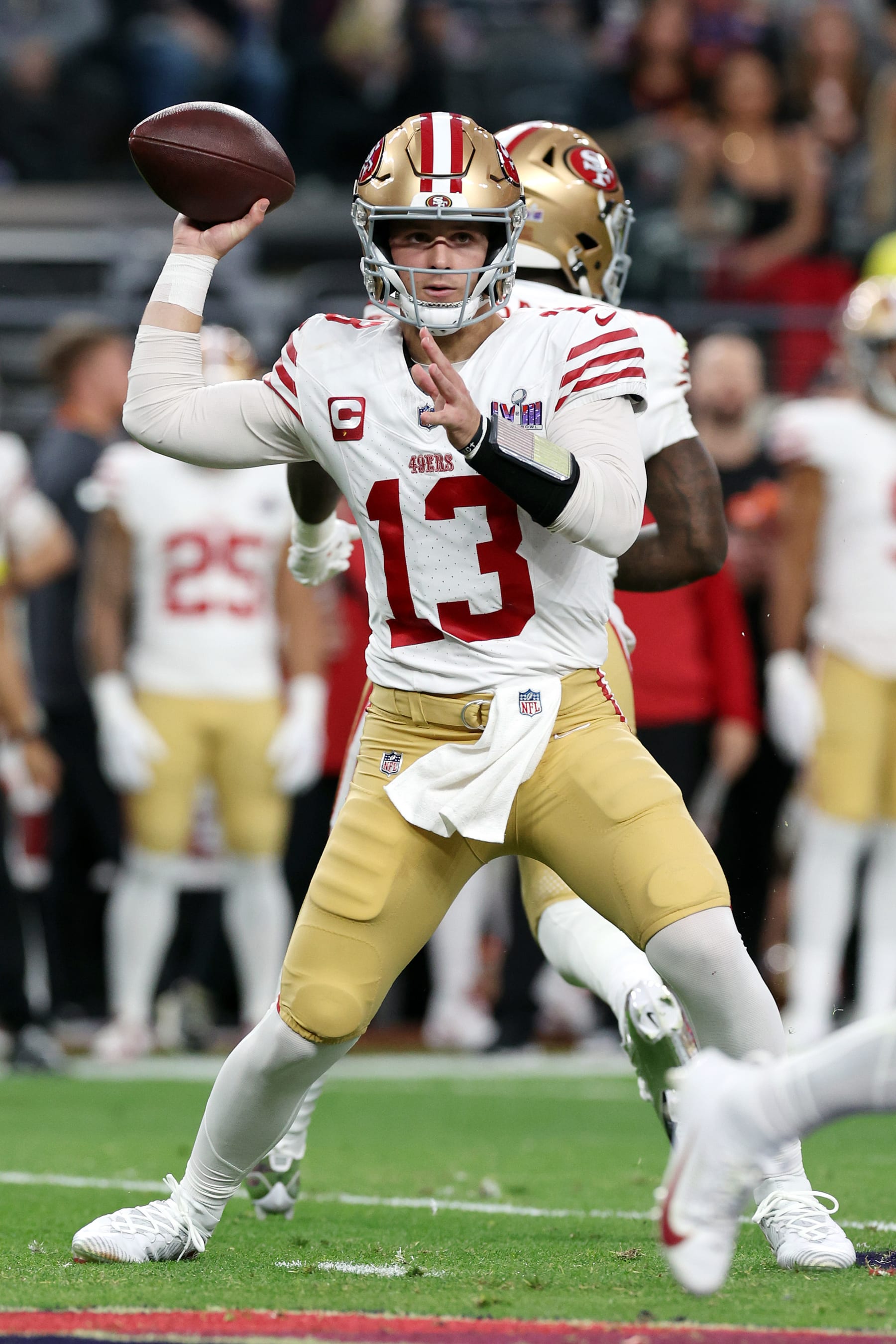 LAS VEGAS, NEVADA - FEBRUARY 11: Brock Purdy #13 of the San Francisco 49ers throws the ball in the first half against the Kansas City Chiefs during Super Bowl LVIII at Allegiant Stadium on February 11, 2024 in Las Vegas, Nevada. (Photo by Jamie Squire/Getty Images)