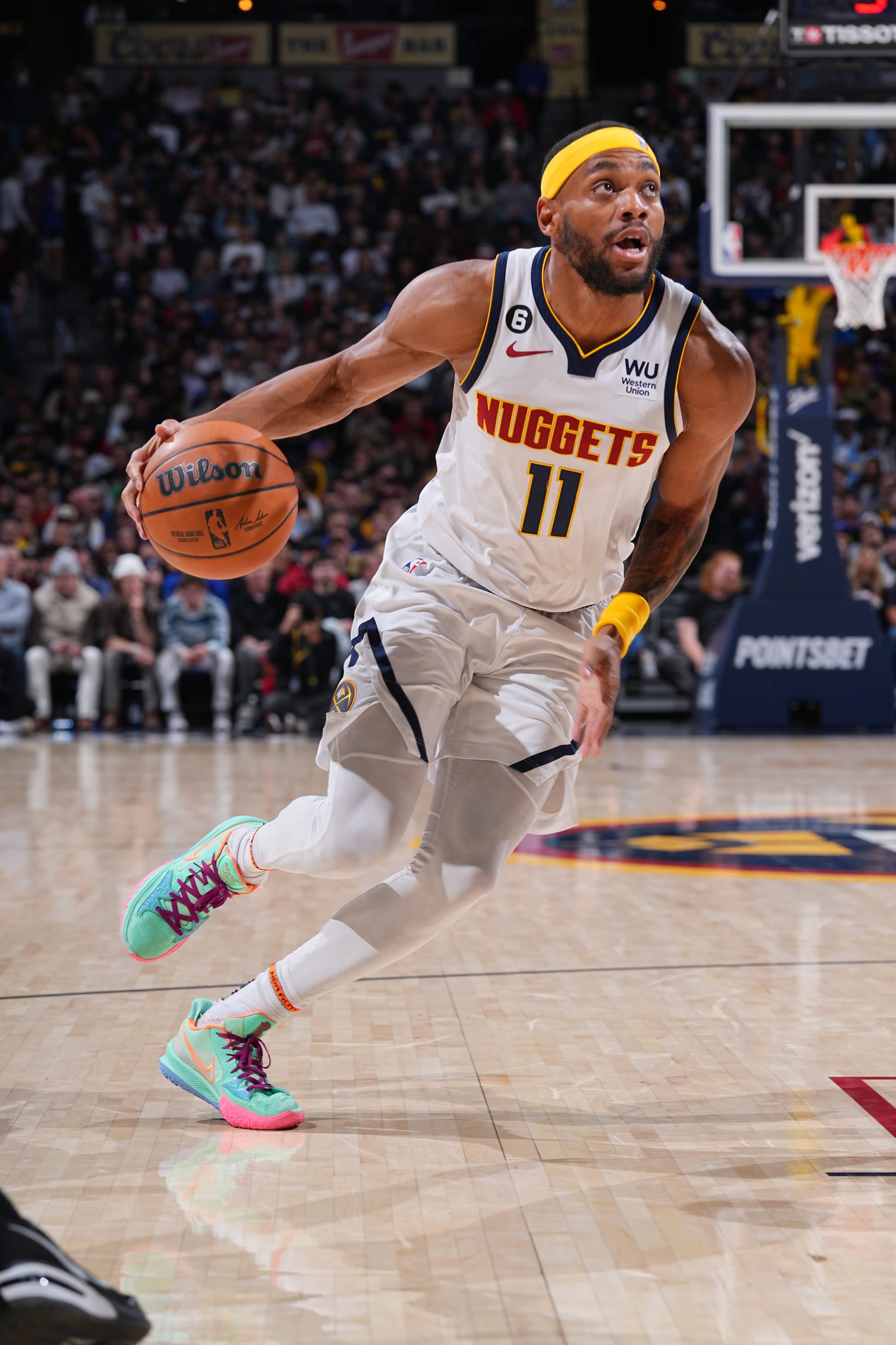 DENVER, CO - NOVEMBER 22: Bruce Brown #11 of the Denver Nuggets drives to the basket during the game against the Detroit Pistons on November 22, 2022 at the Ball Arena in Denver, Colorado. NOTE TO USER: User expressly acknowledges and agrees that, by downloading and/or using this Photograph, user is consenting to the terms and conditions of the Getty Images License Agreement. Mandatory Copyright Notice: Copyright 2022 NBAE (Photo by Bart Young/NBAE via Getty Images)
