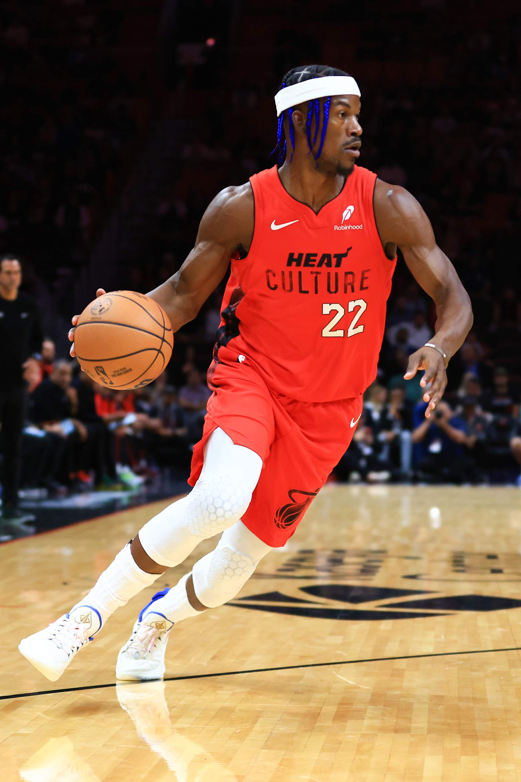 MIAMI, FLORIDA - DECEMBER 08: Jimmy Butler #22 of the Miami Heat dribbles the ball against the Cleveland Cavaliers during the first quarter of the game at Kaseya Center on December 08, 2024 in Miami, Florida. NOTE TO USER: User expressly acknowledges and agrees that, by downloading and or using this photograph, User is consenting to the terms and conditions of the Getty Images License Agreement. (Photo by Megan Briggs/Getty Images)