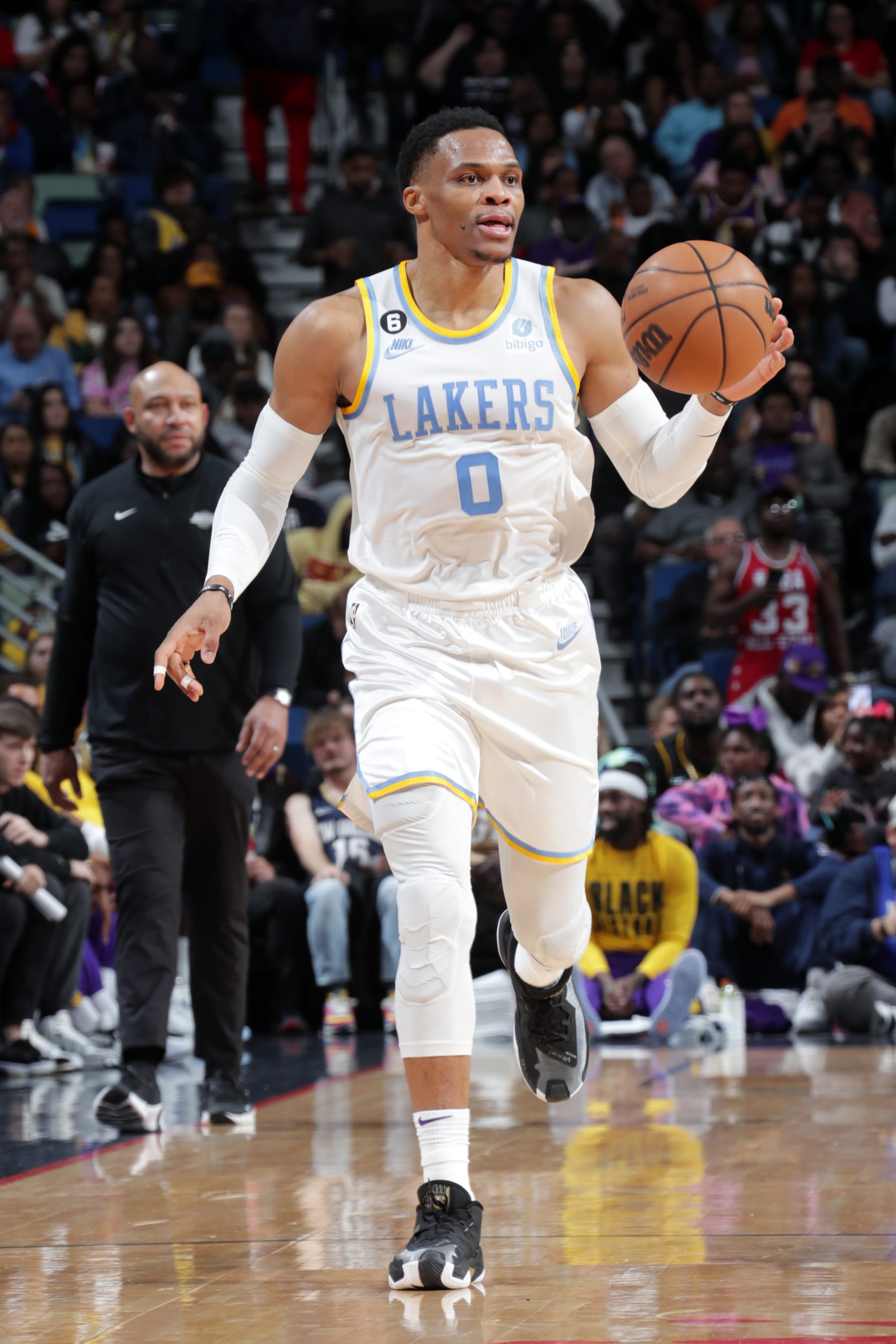 NEW ORLEANS, LA - FEBRUARY 4: Russell Westbrook #0 of the Los Angeles Lakers dribbles the ball against the New Orleans Pelicans on February 4, 2023 at the Smoothie King Center in New Orleans, Louisiana. NOTE TO USER: User expressly acknowledges and agrees that, by downloading and or using this Photograph, user is consenting to the terms and conditions of the Getty Images License Agreement. Mandatory Copyright Notice: Copyright 2023 NBAE (Photo by Layne Murdoch Jr./NBAE via Getty Images)