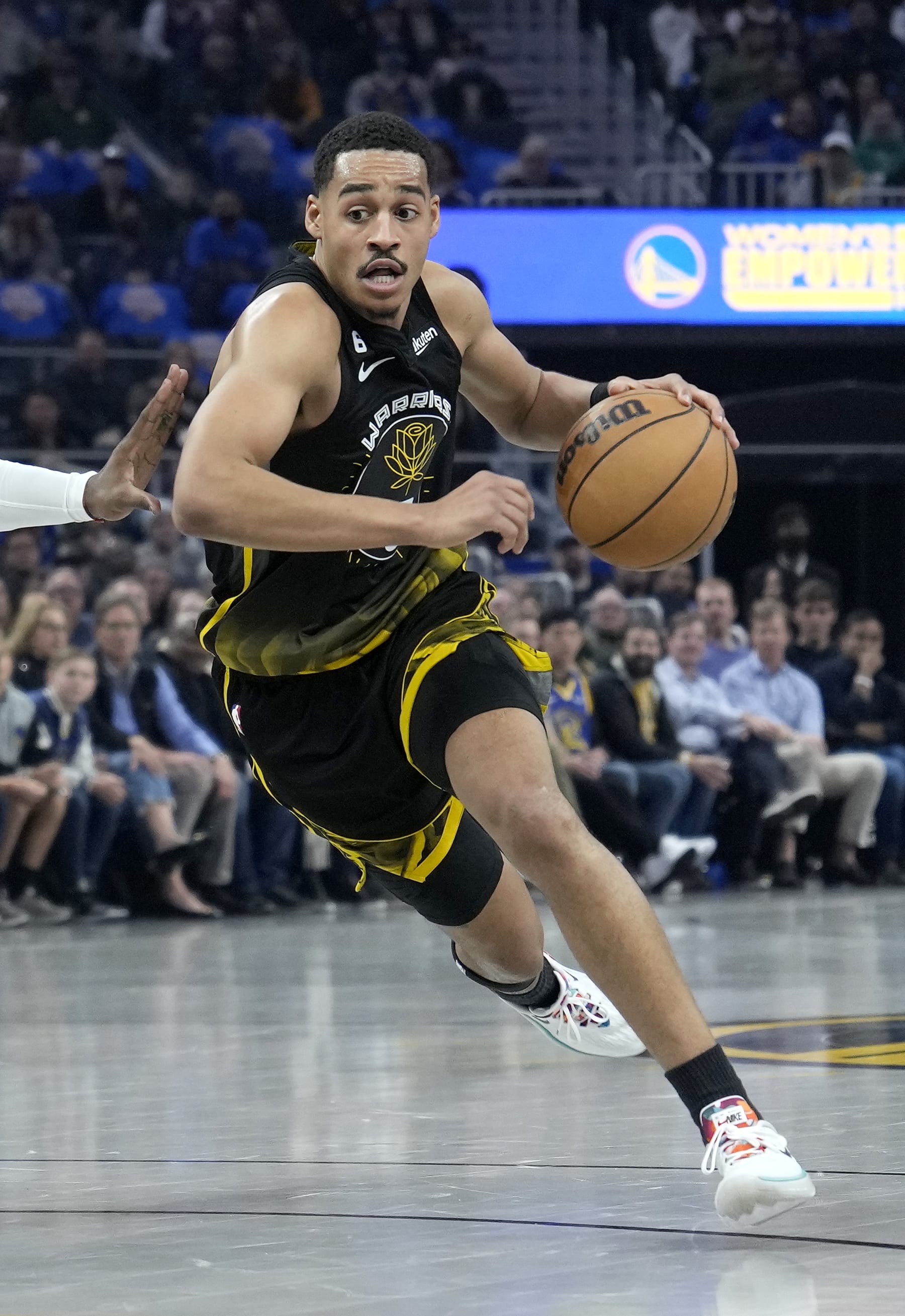 SAN FRANCISCO, CALIFORNIA - MARCH 11: Jordan Poole #3 of the Golden State Warriors drives towards the basket against the Milwaukee Bucks during the first quarter of an NBA basketball game at Chase Center on March 11, 2023 in San Francisco, California. NOTE TO USER: User expressly acknowledges and agrees that, by downloading and or using this photograph, User is consenting to the terms and conditions of the Getty Images License Agreement. (Photo by Thearon W. Henderson/Getty Images)