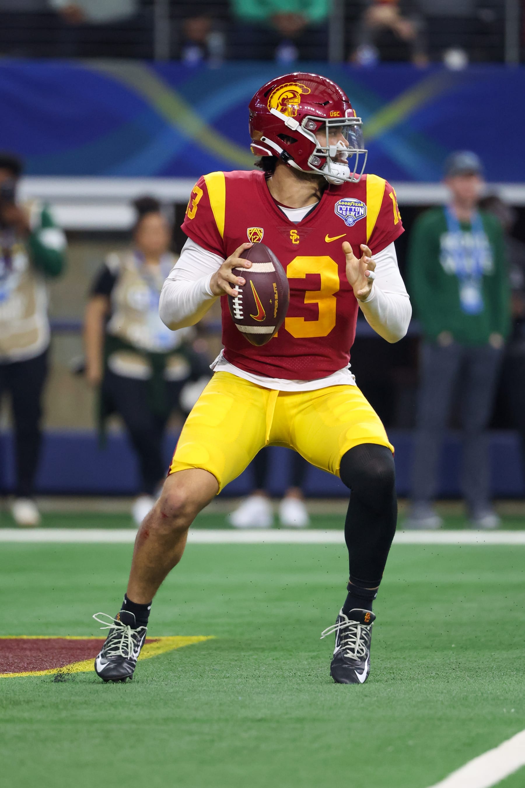 ARLINGTON, TX - JANUARY 02: USC Trojans quarterback Caleb Williams (13) passes during the Goodyear Cotton Bowl between the Tulane Green Wave and the USC Trojans on January 2, 2023 at AT&T Stadium in Arlington, TX. (Photo by George Walker/Icon Sportswire via Getty Images)